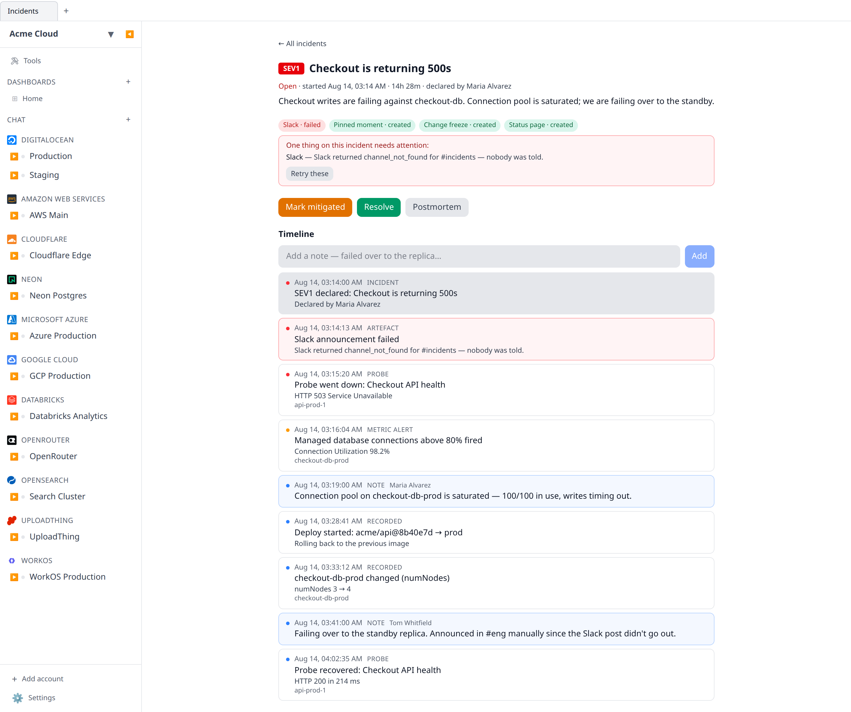 An incident detail view showing the merged timeline with a note, a deploy, a probe going down and a failed Slack artefact
