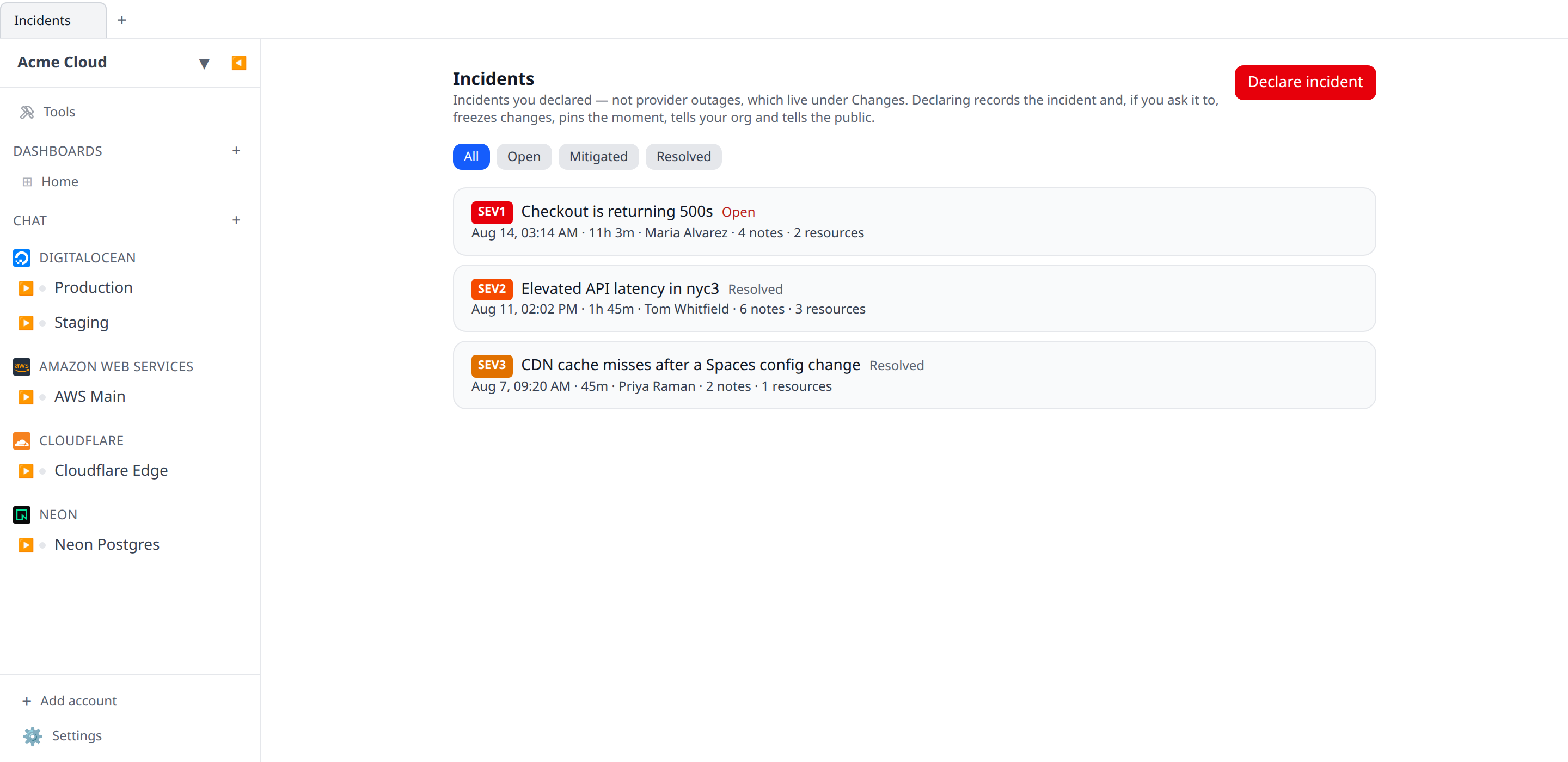 The Incidents workspace tab showing a list with one open SEV1 and two resolved incidents, severity chips visible