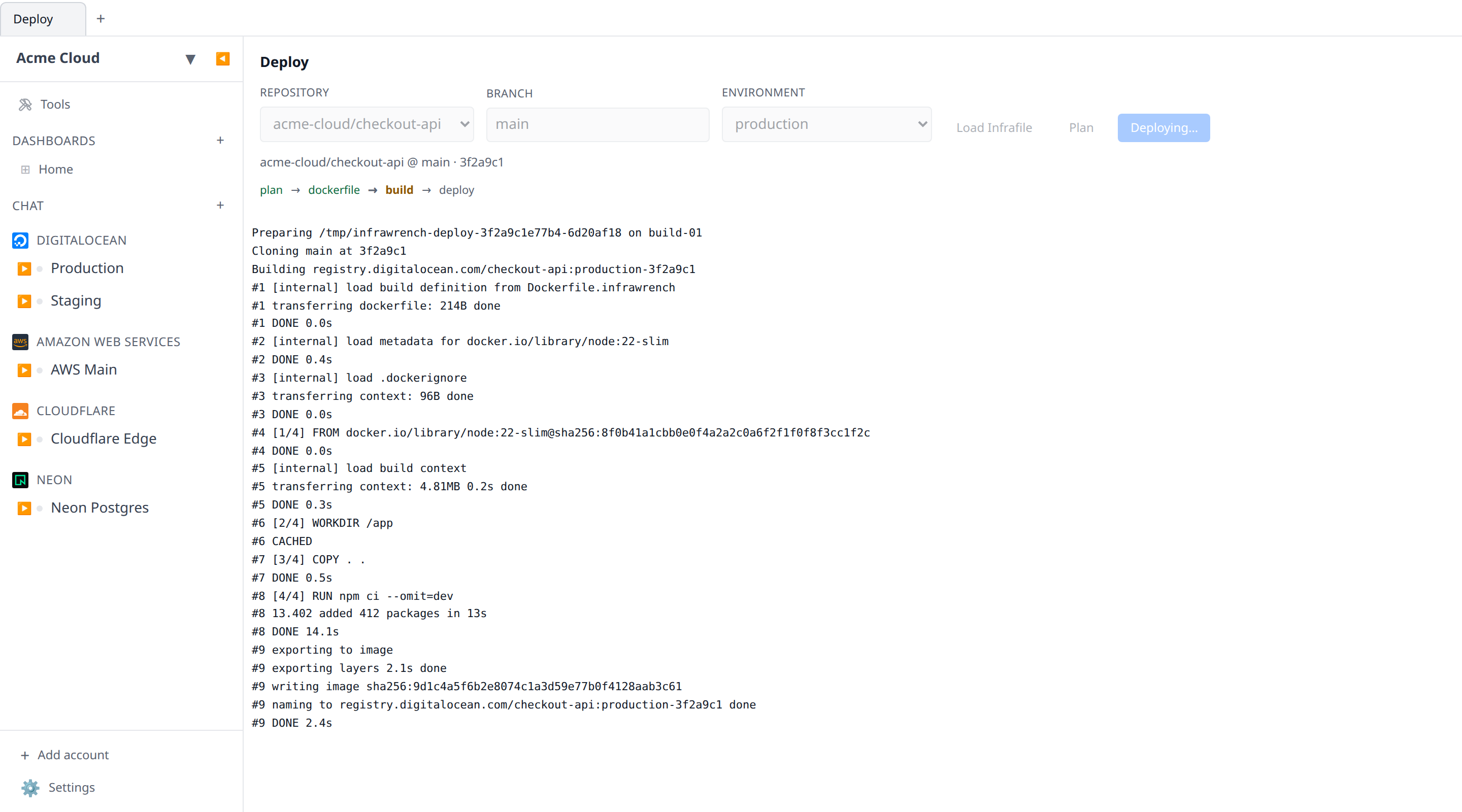 A deploy run in the web app mid-build, showing the stage indicator on "build" and Docker build output streaming into the live log panel