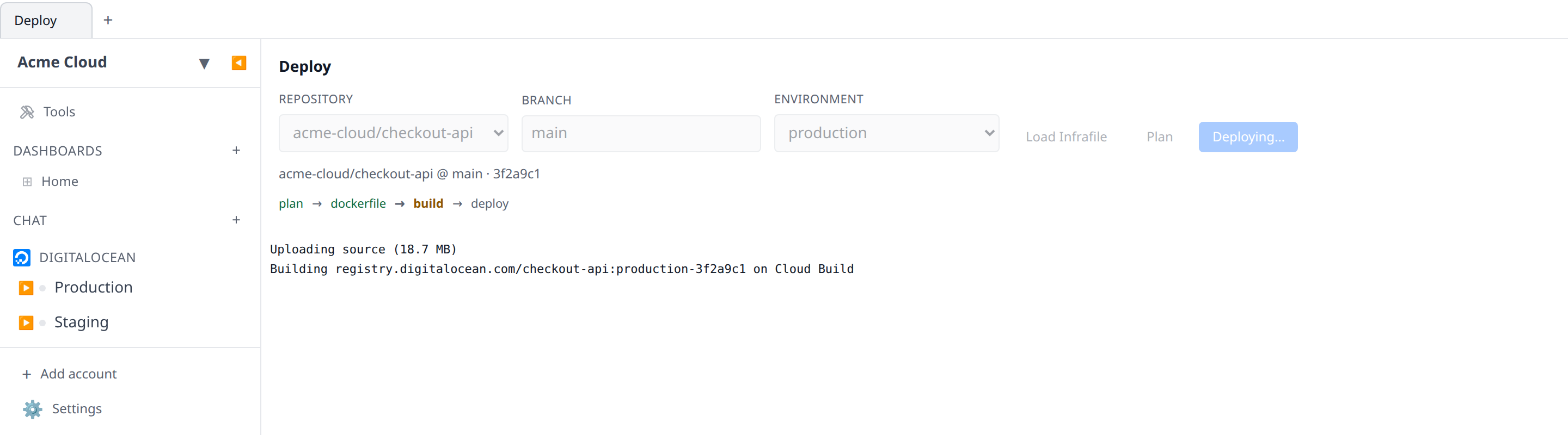 The Deploy screen mid-build with the stage indicator on "build", showing the "Uploading source" and "Building … on Cloud Build" lines in the live log panel while the hosted build runs