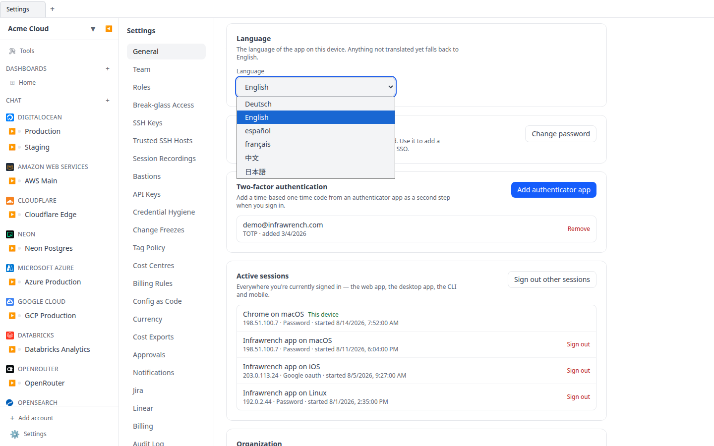 Settings → General page with the Language card visible, the dropdown open showing the six languages with their native names (Deutsch, English, español, français, 中文, 日本語)