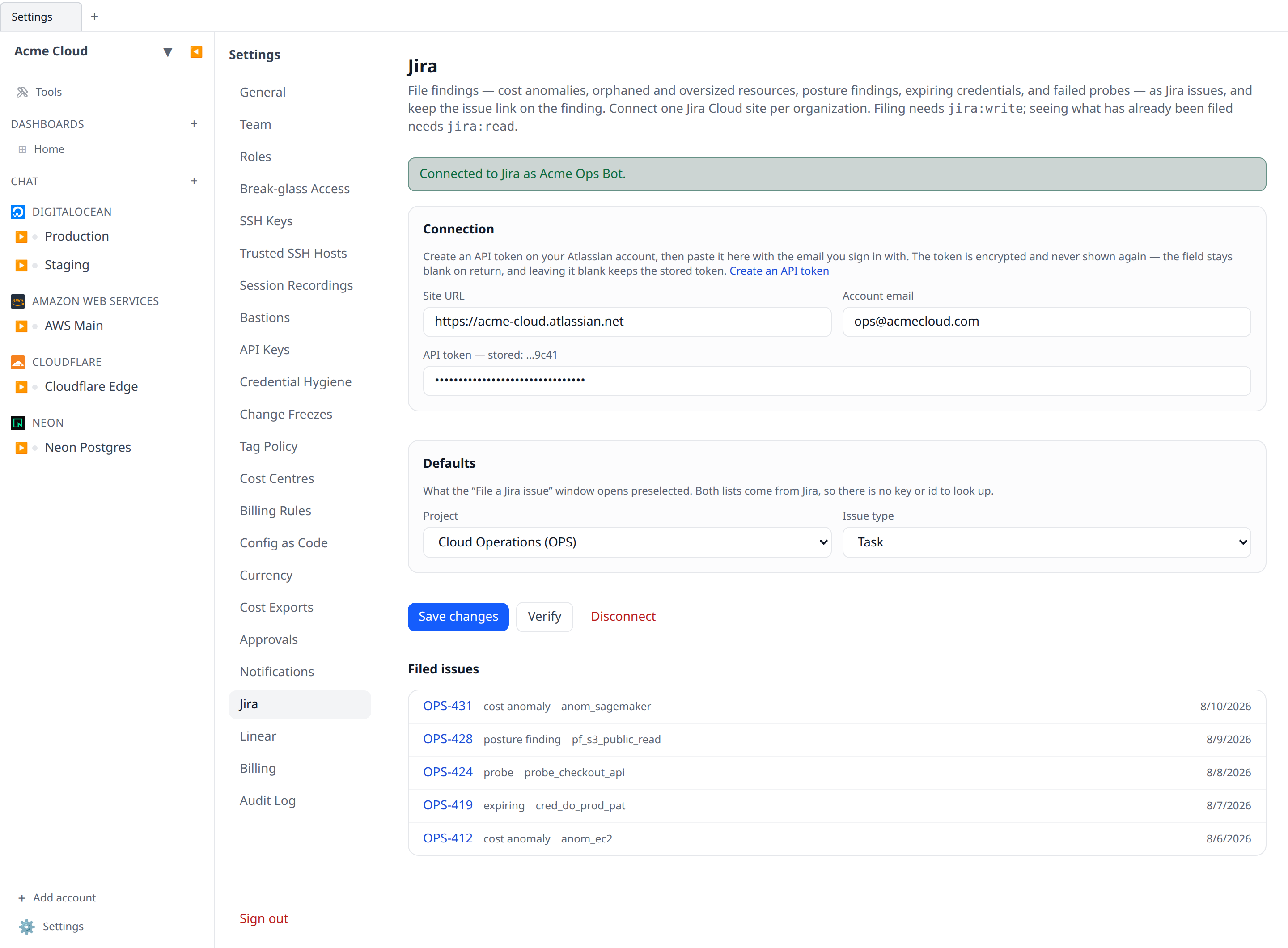 Settings → Jira with the site URL, account email and API token fields filled in, and a green "Connected to Jira as Acme Ops Bot." confirmation shown after pressing Verify