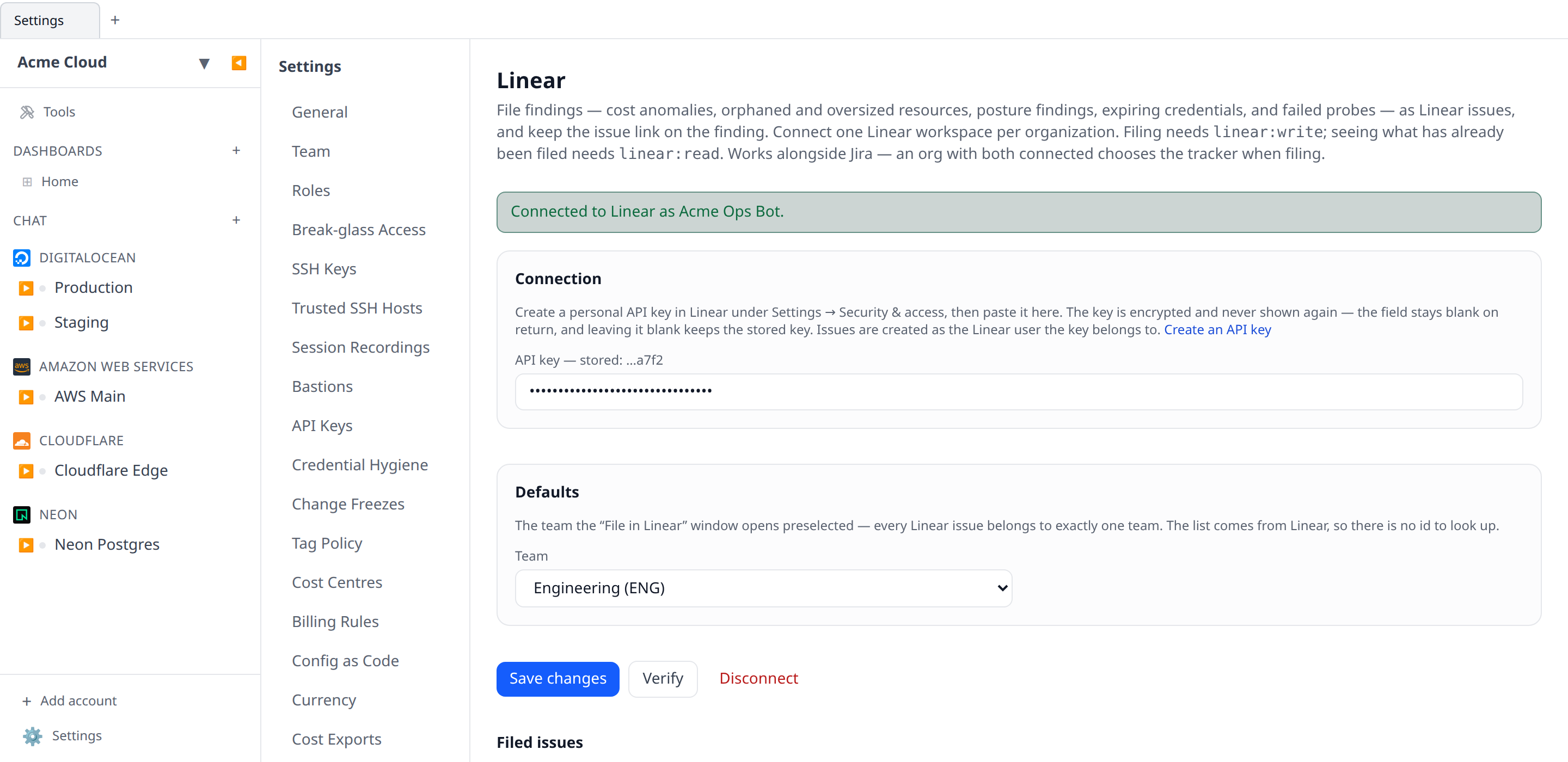 Settings → Linear with the API key field filled in, the default team picker populated, and a green "Connected to Linear as Acme Ops Bot." confirmation shown after pressing Verify
