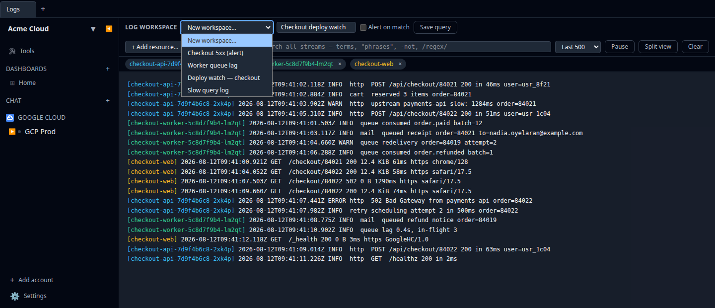 Screenshot of the saved-query bar with the dropdown open showing several saved queries, one marked (alert), and the name field + Save button