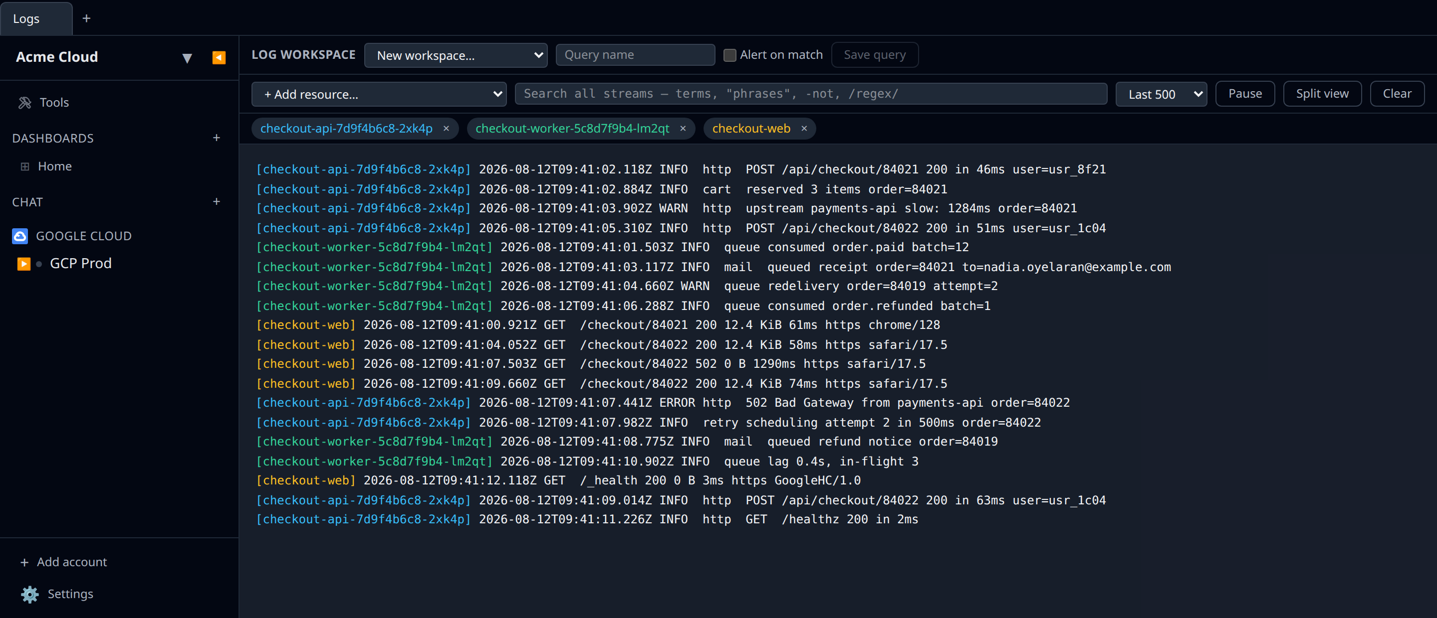 Screenshot of the Log workspace with three streams added (two Kubernetes pods and a Cloud Run service), interleaved view, showing colour-coded resource labels on each line