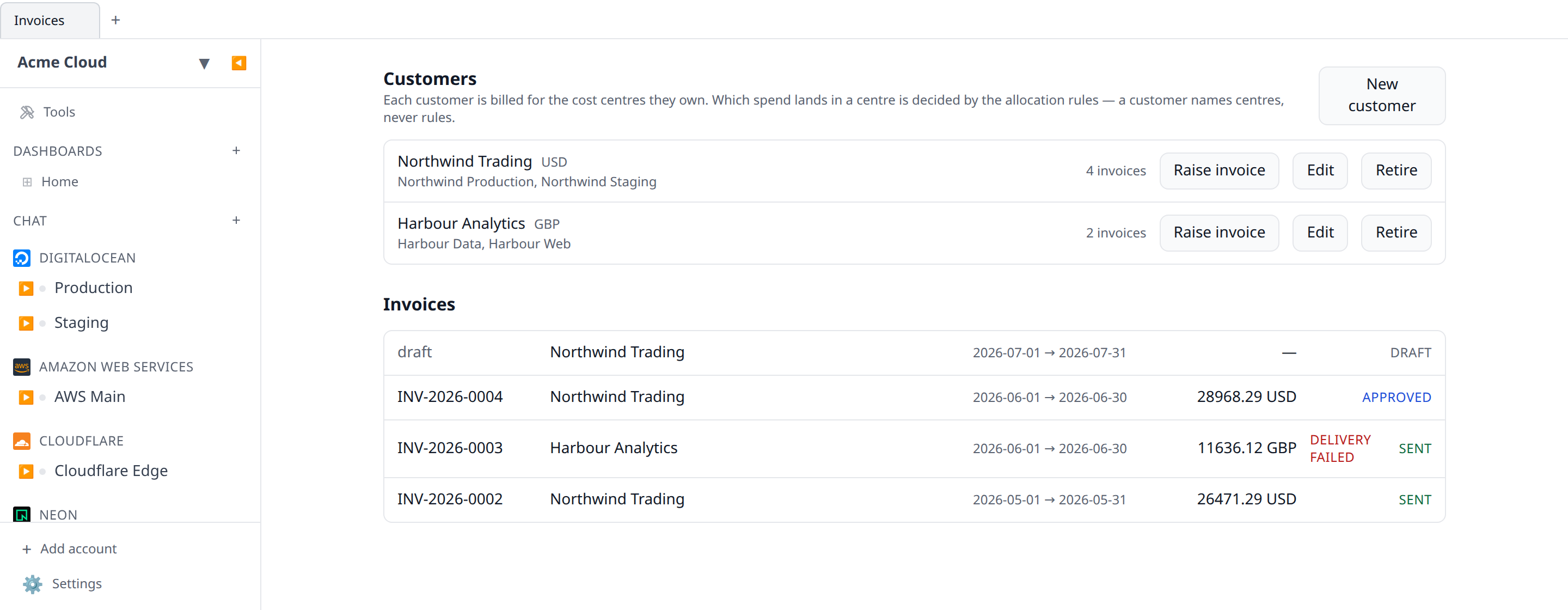 The Invoices tab's Customers section, showing two managed accounts with their billing currency and the cost centres in each one's scope