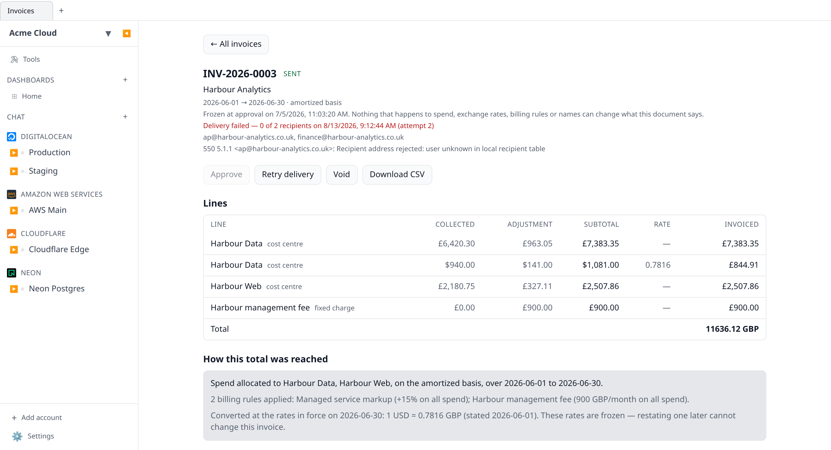 A sent invoice's detail view showing a red "Delivery failed" line with the recipient addresses and the transport's error, and a "Retry delivery" button