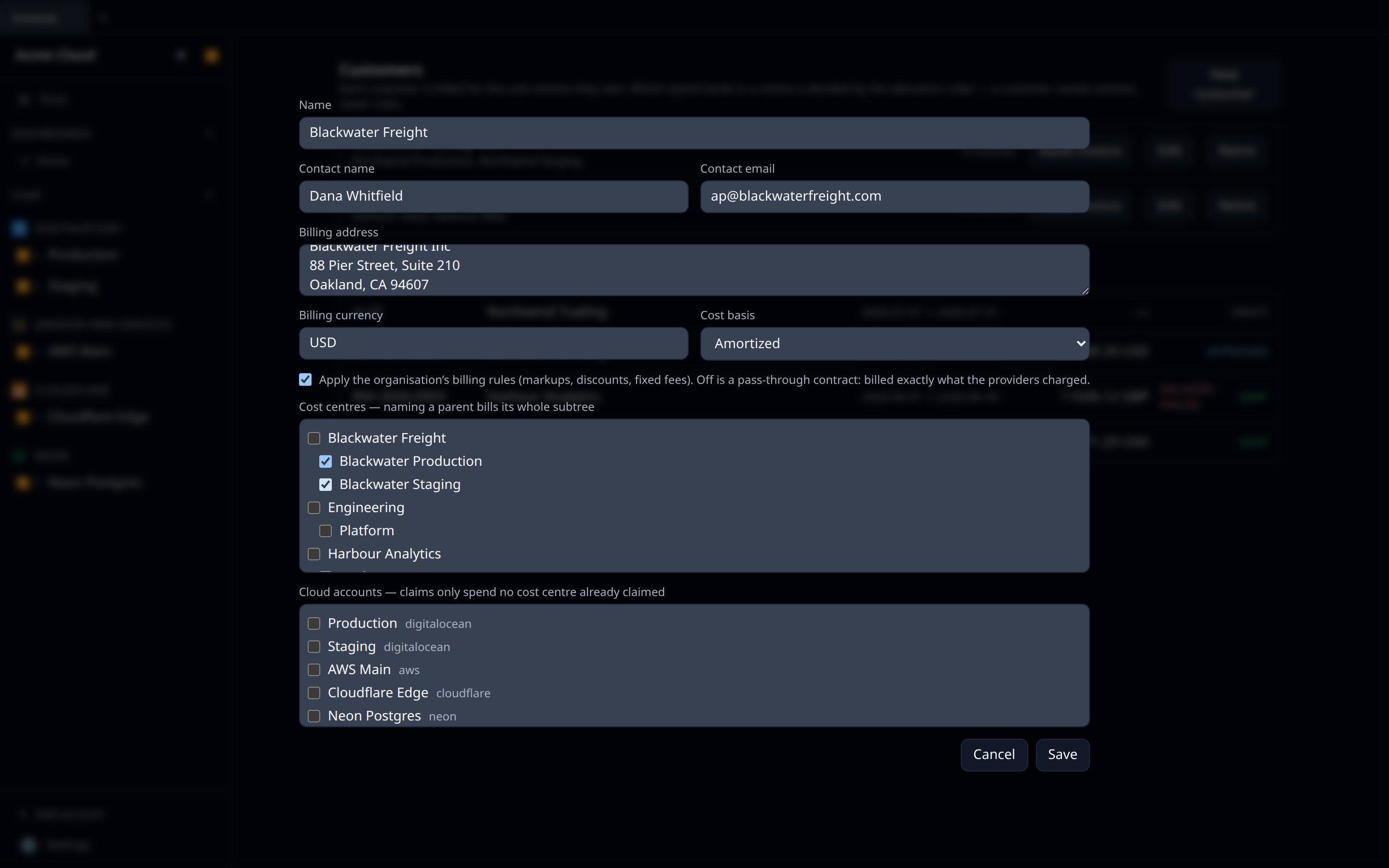 The New customer modal with the cost-centre picker showing an indented tree and two centres ticked