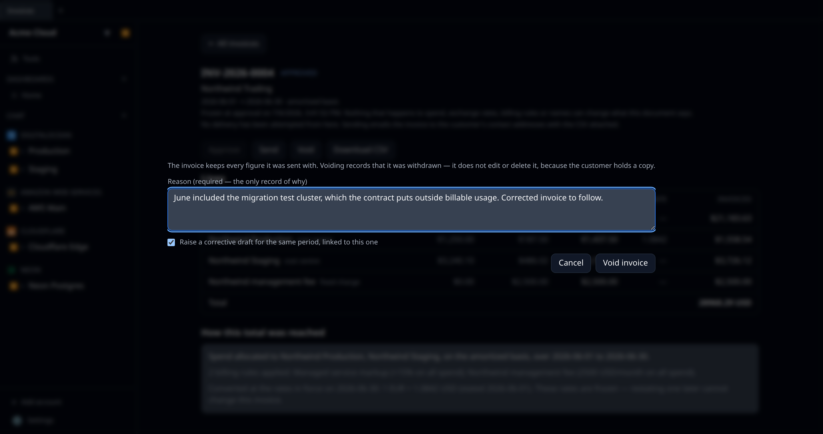 The Void modal with a reason typed in and "Raise a corrective draft for the same period" ticked
