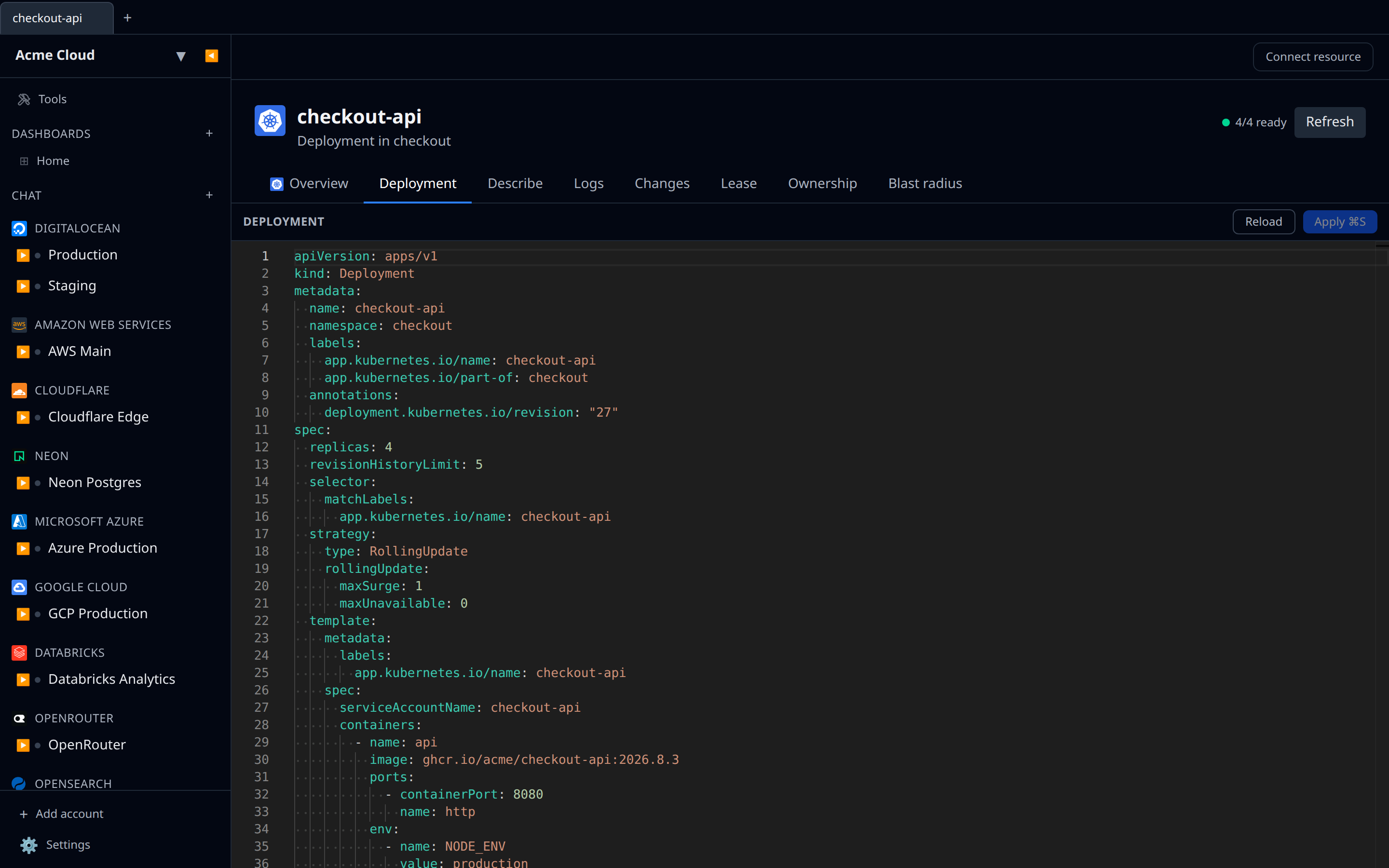 Manifest editor showing a Kubernetes Deployment YAML with the Apply button