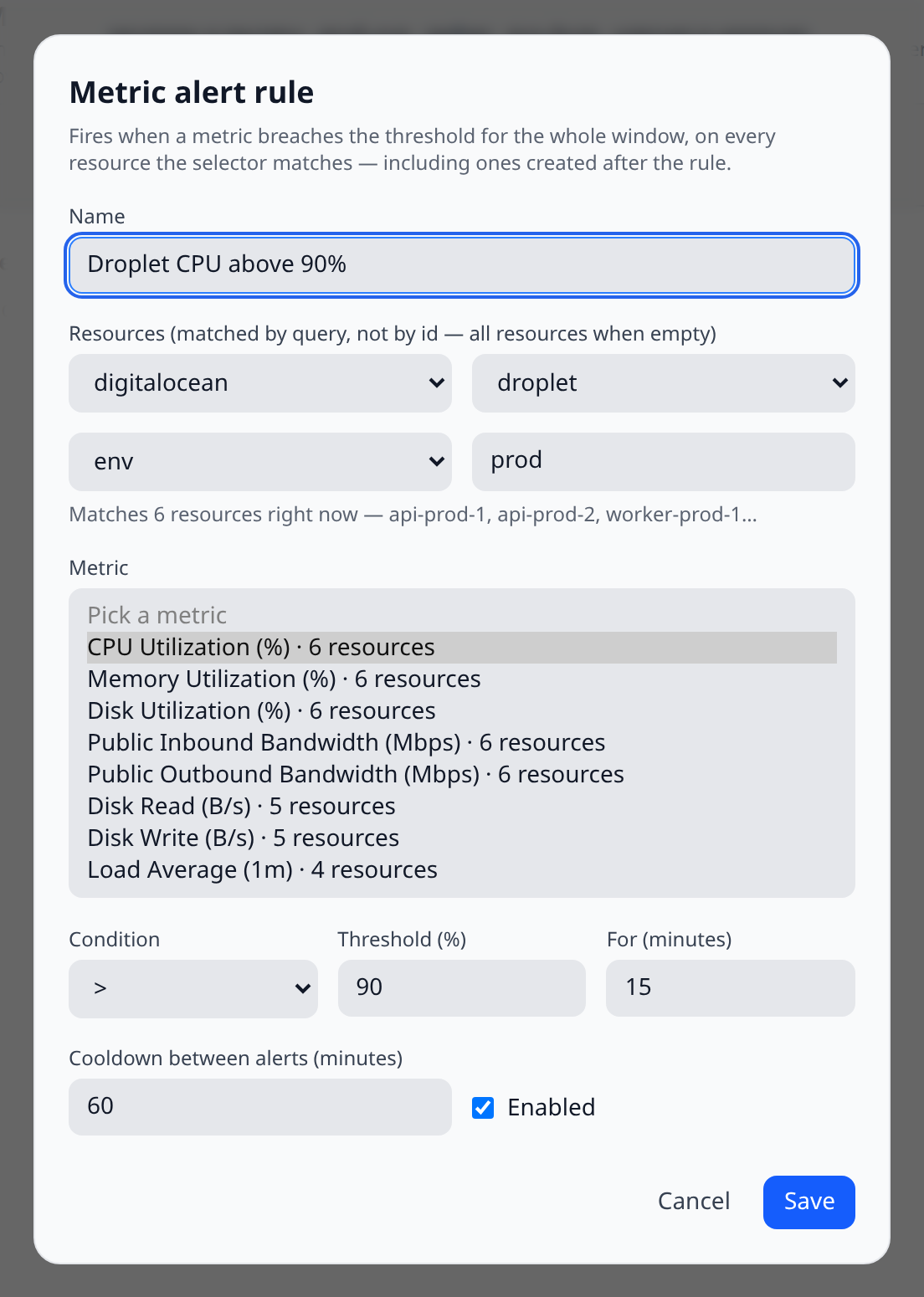 The rule editor modal with a provider and resource type selected, the "Matches 6 resources right now" preview closing the Resources block, and the Metric picker below it open showing series labels with units and resource counts