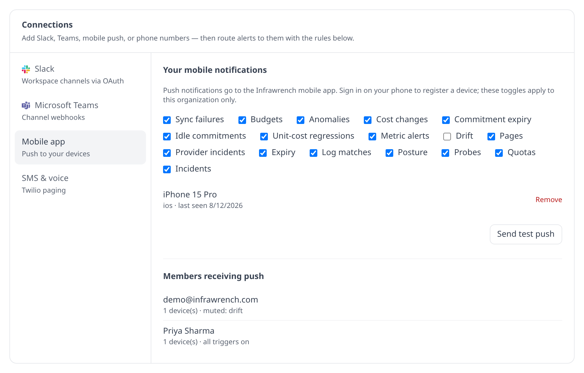 Web Settings → Notifications page showing the push trigger toggles, a registered device row, and the Send test push button