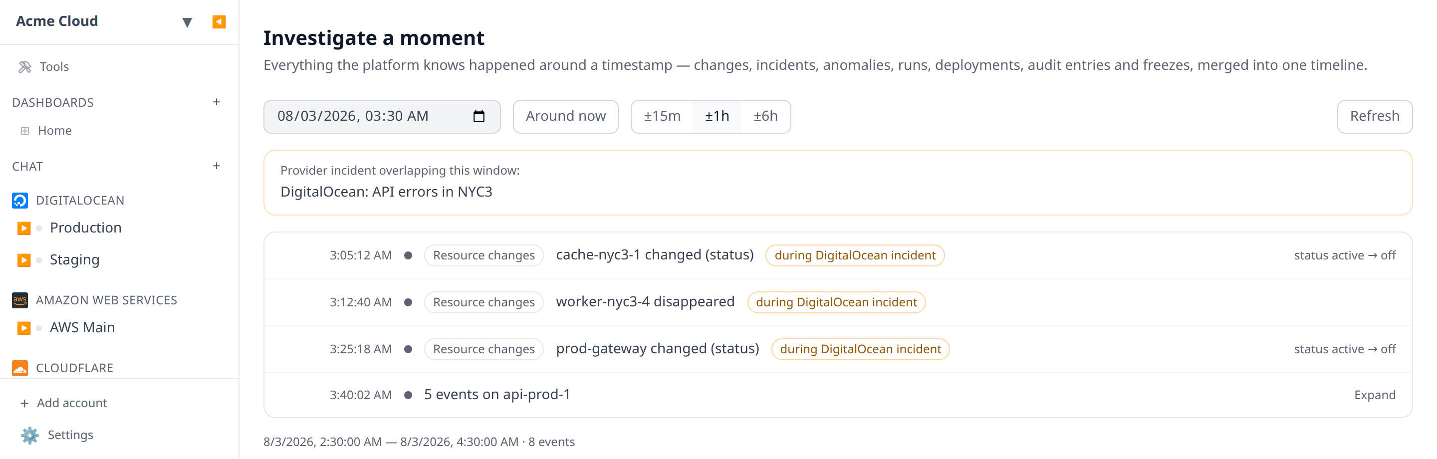 Moment timeline with three change events badged "during DigitalOcean incident" and a collapsed burst row reading "5 events on api-prod-1"