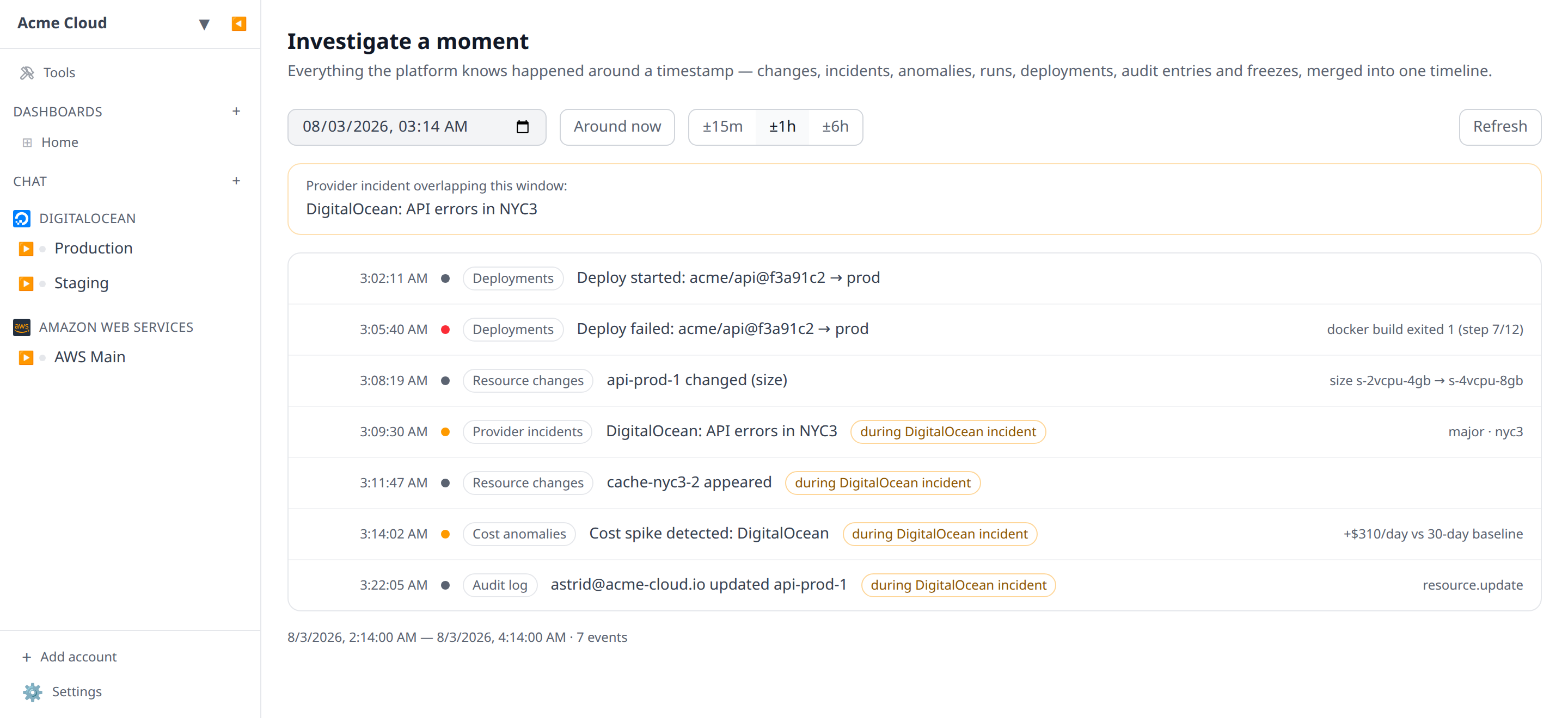 Web moment view for a timestamp with the window preset row (±15m/±1h/±6h), a mixed timeline showing a deploy failure in red, resource changes, and an incident-started event