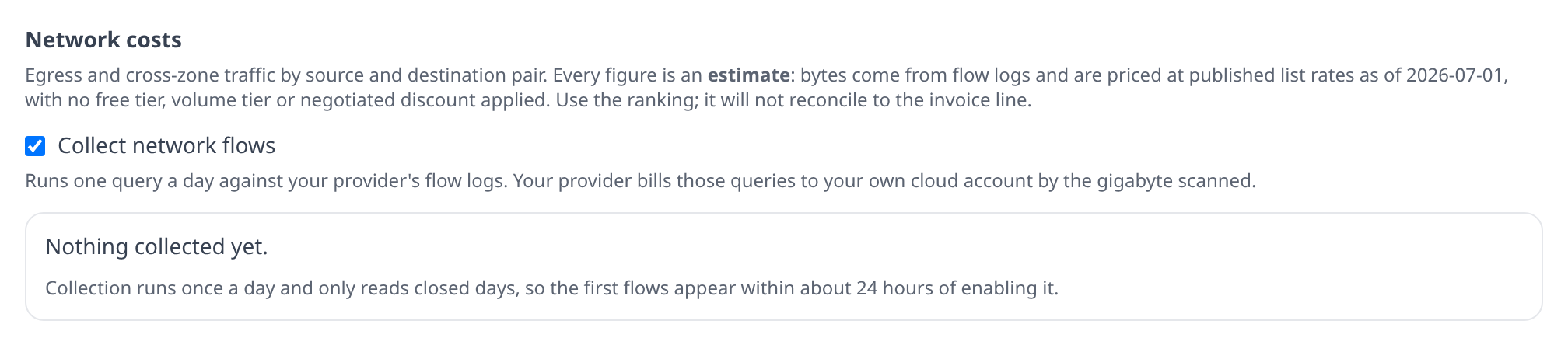 The Network costs section with the "Collect network flows" switch on and the note about queries being billed to your cloud account