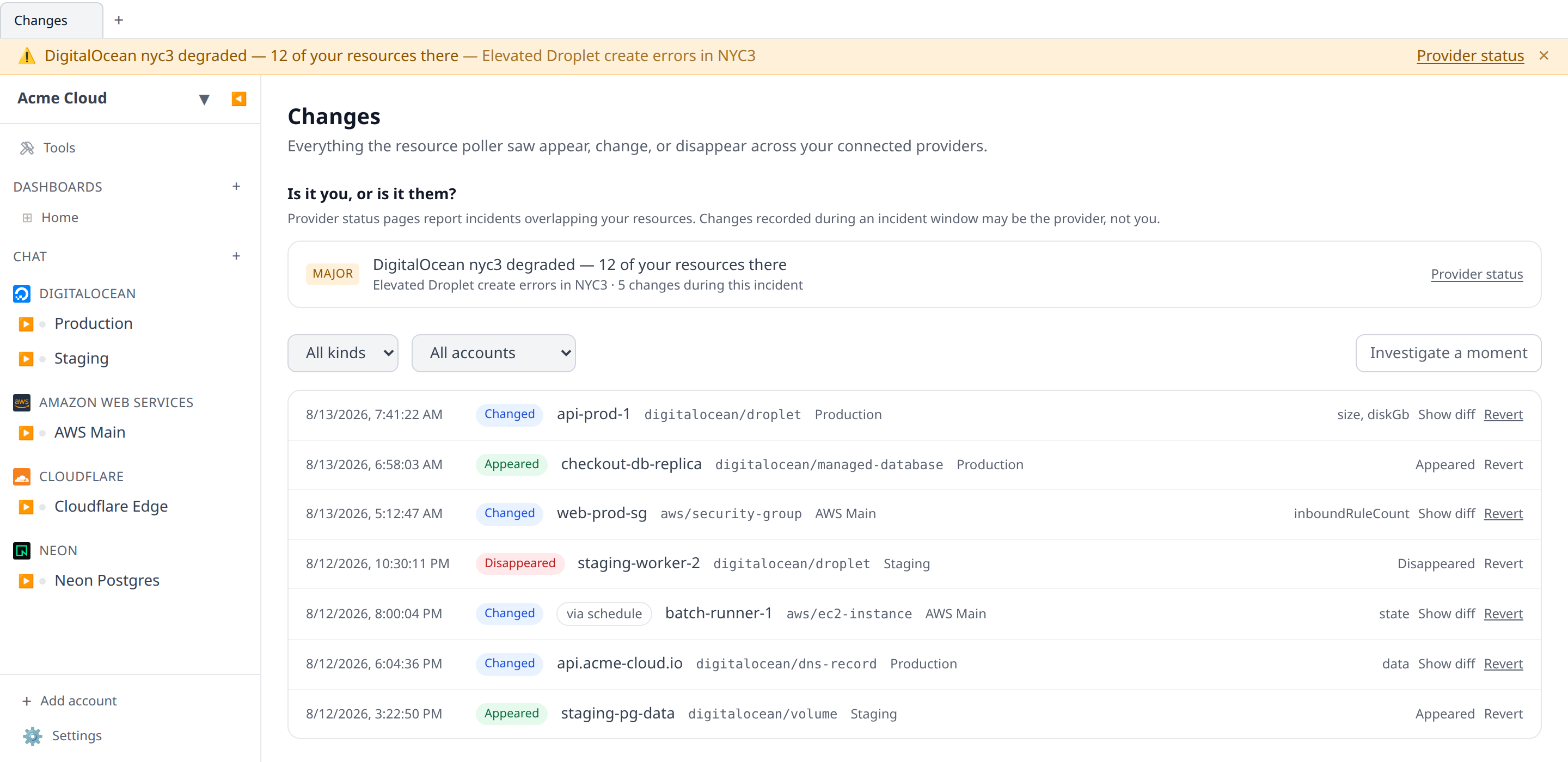 Changes page showing the "Is it you, or is it them?" section above the drift feed, with an incident row reading "5 changes during this incident"