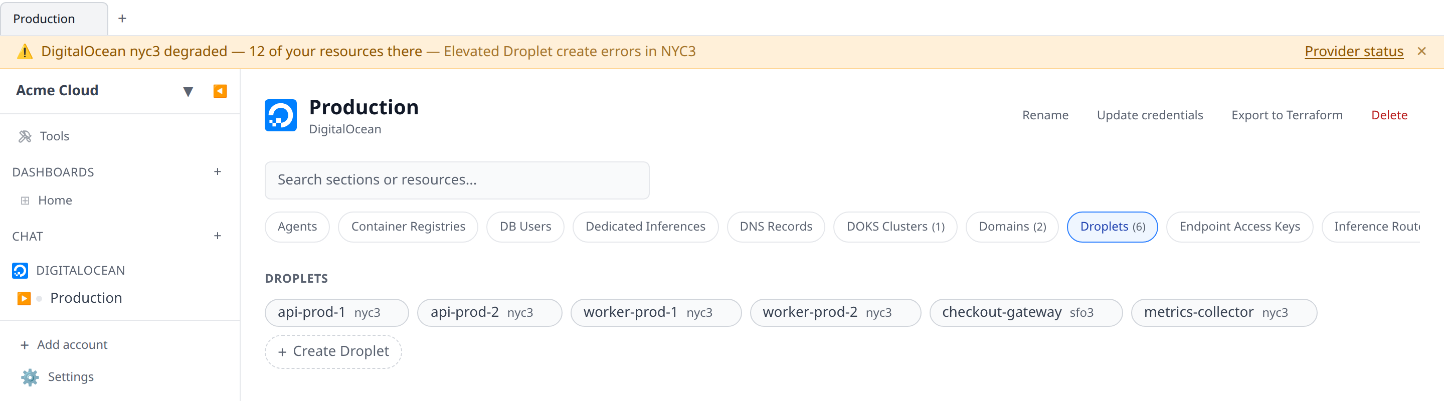 Web app with the provider incident banner visible at the top: "DigitalOcean nyc3 degraded — 12 of your resources there", with the "Provider status" link on the right