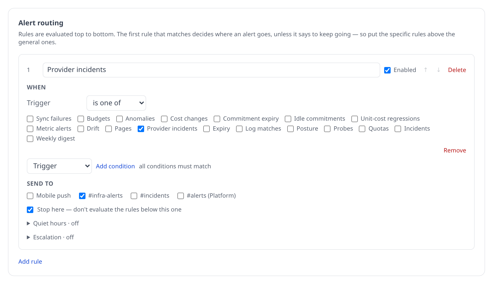 Notification settings page showing the "Provider incidents" toggle among the alert triggers for a Slack channel