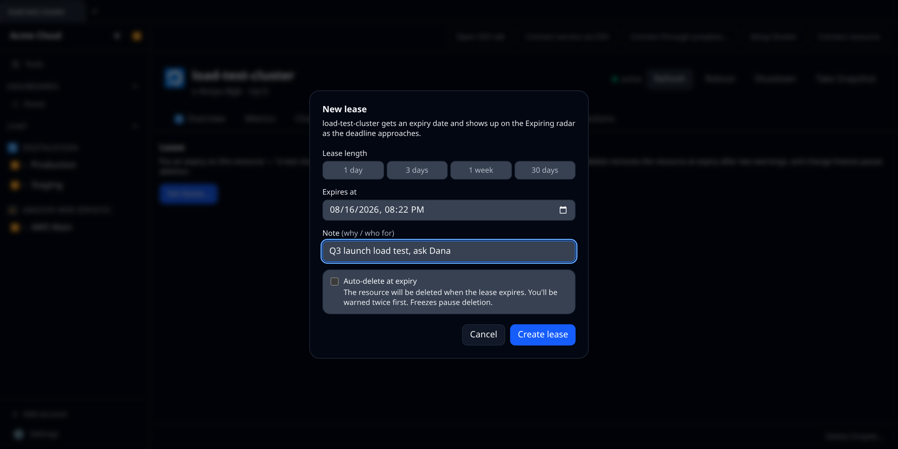 The Lease tab on a resource detail page showing the editor with the duration presets, the note field and the auto-delete checkbox with its warning copy