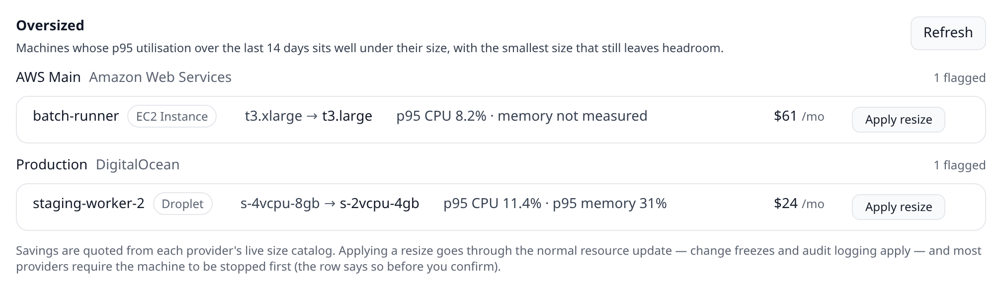 Costs page scrolled to the Oversized section, showing a flagged server row with current → recommended size, p95 CPU/memory figures, a monthly saving on the right, and the Apply resize button