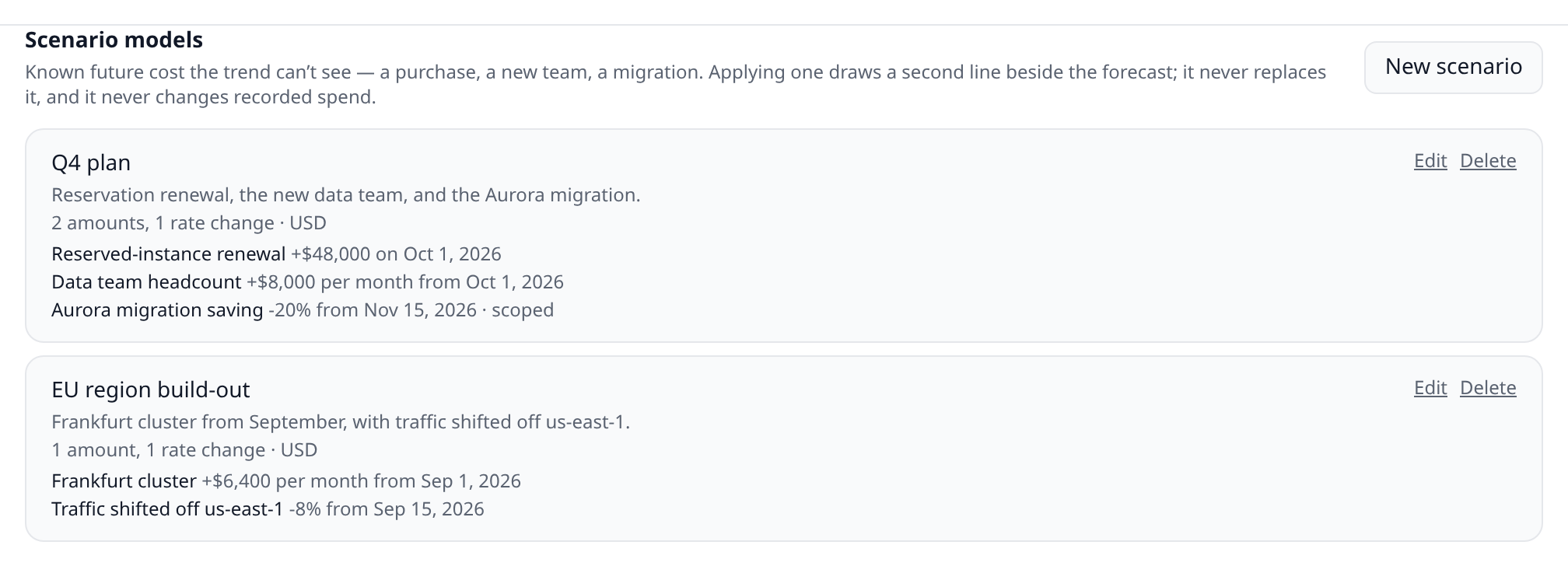 The Scenario models section of the Costs panel listing two models with their adjustments summarized underneath each name
