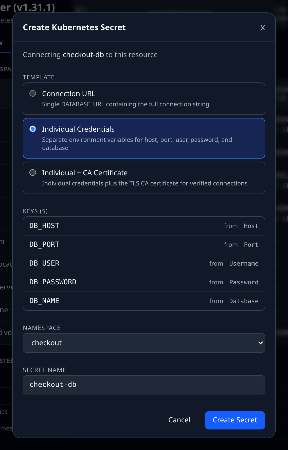 Secret export dialog with DB_HOST, DB_USER, DB_PASSWORD keys and namespace picker