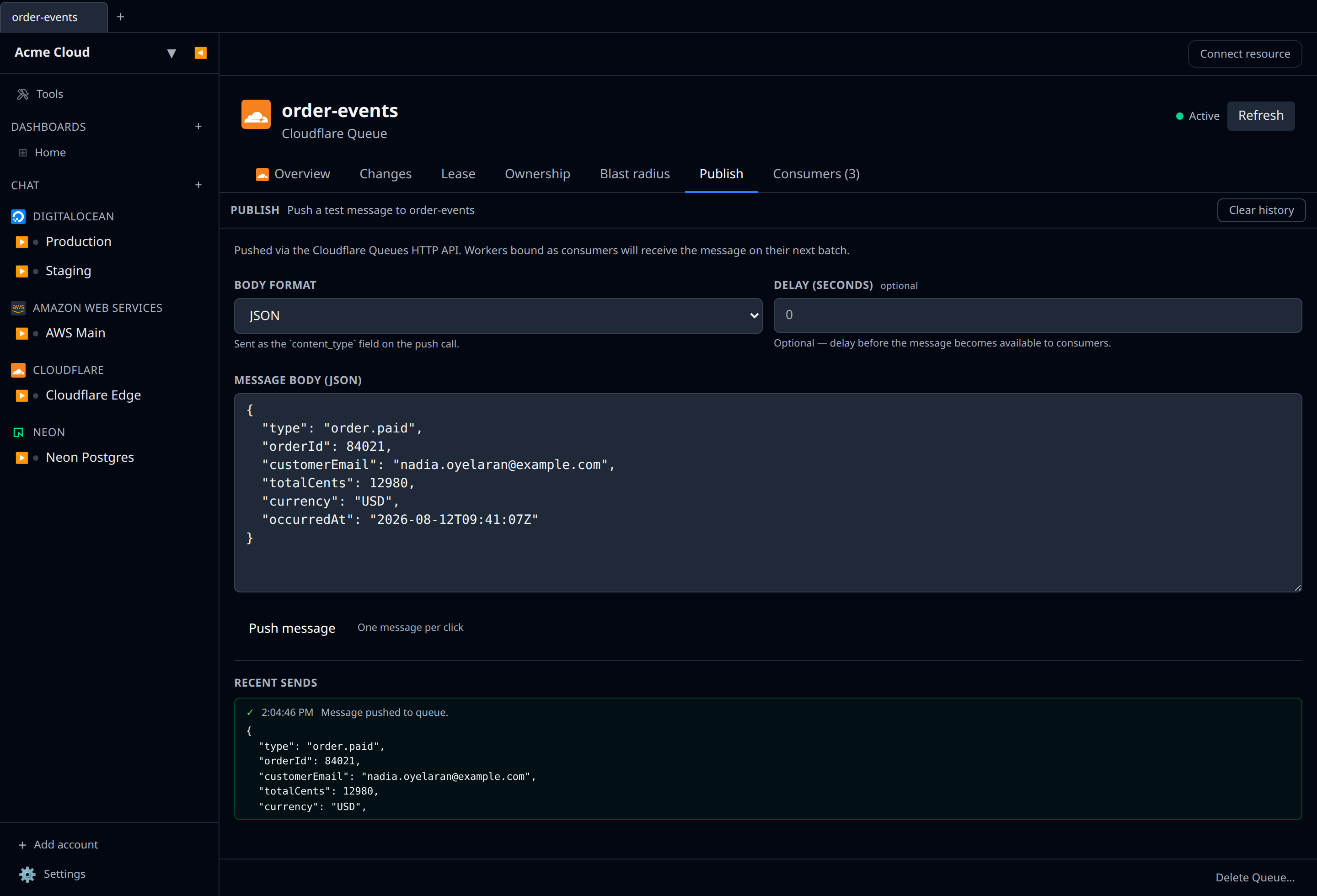 Cloudflare Queue detail page with the Publish tab active, JSON body editor populated, and a "Recent sends" entry below showing a successful push