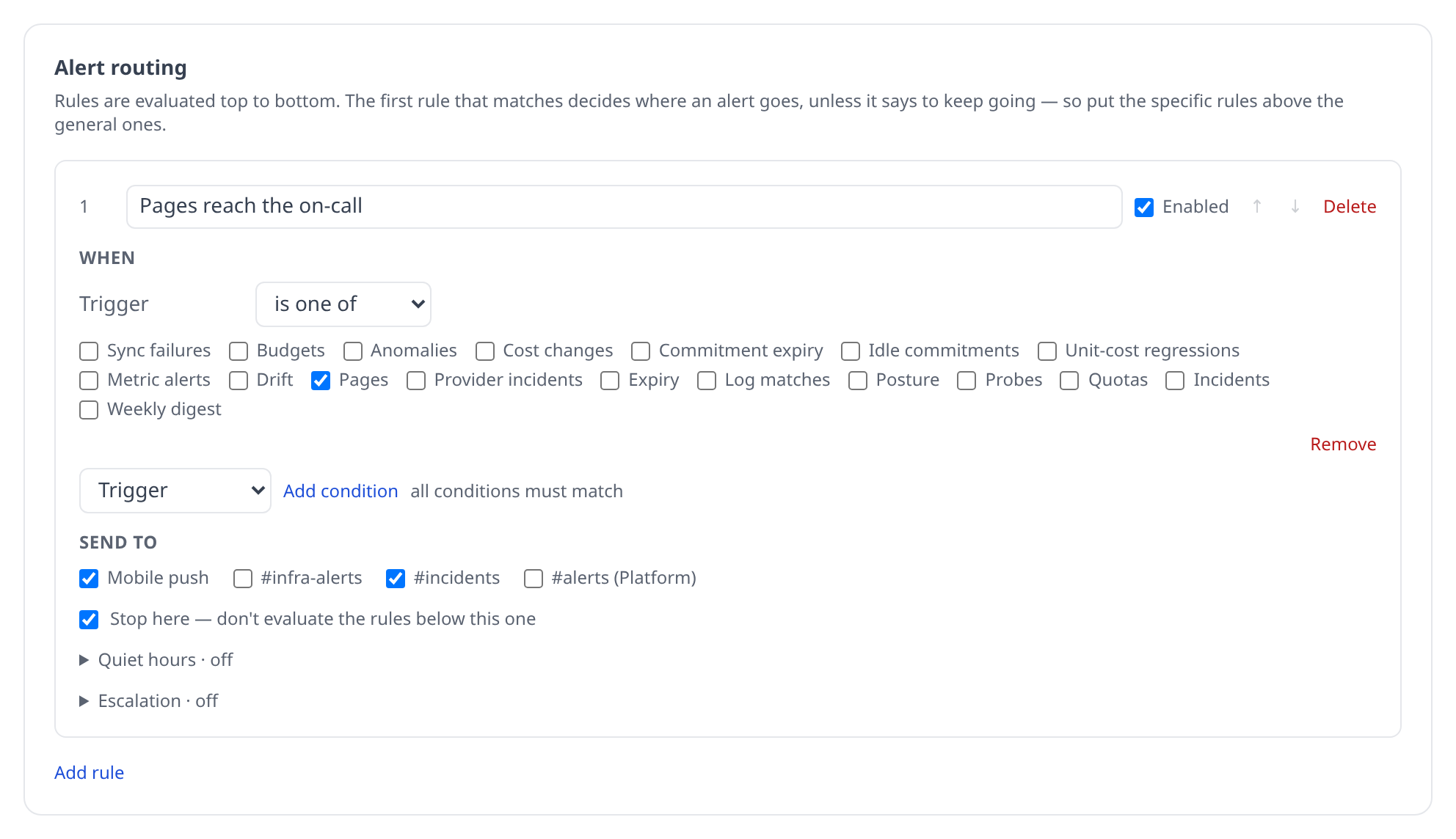 Settings → Notifications with the Pages trigger enabled on a Slack channel and a mobile device, so a reader can see where a pushed page lands
