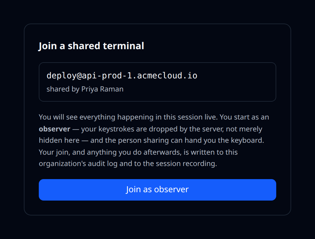 The shared-console join screen showing the host and username, who is sharing, and the "Join as observer" button