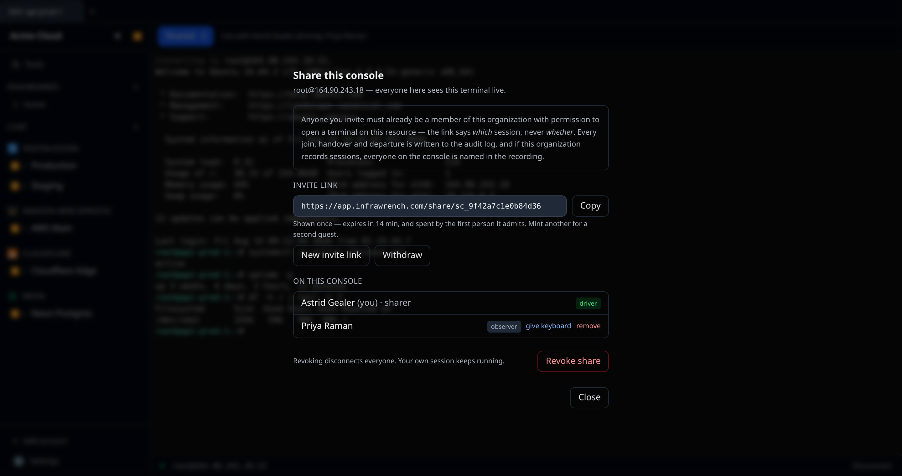 The web SSH terminal with the Share panel open: the invite link field, the participant list showing one driver and one observer with their role badges, and the Revoke share button