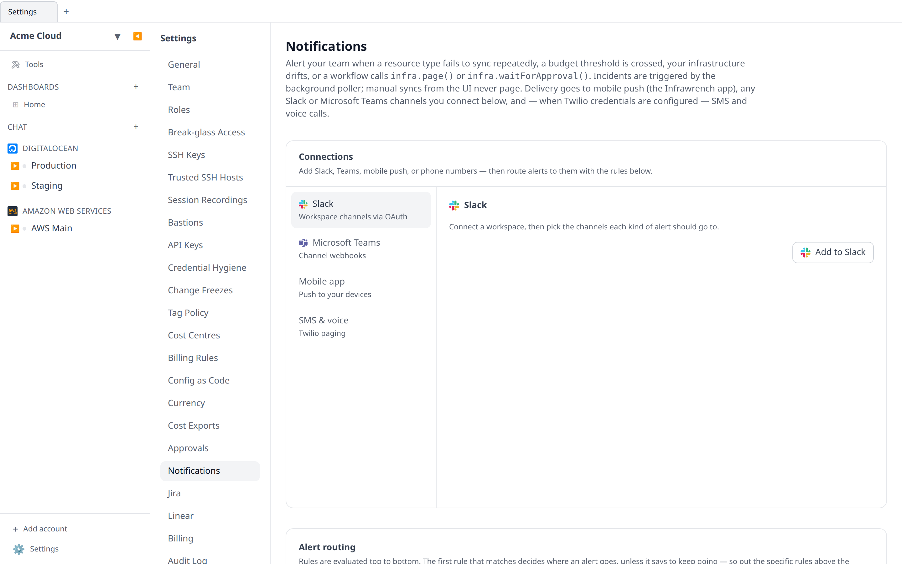 Settings → Notifications page showing the Slack section before connecting, with the Add to Slack button visible