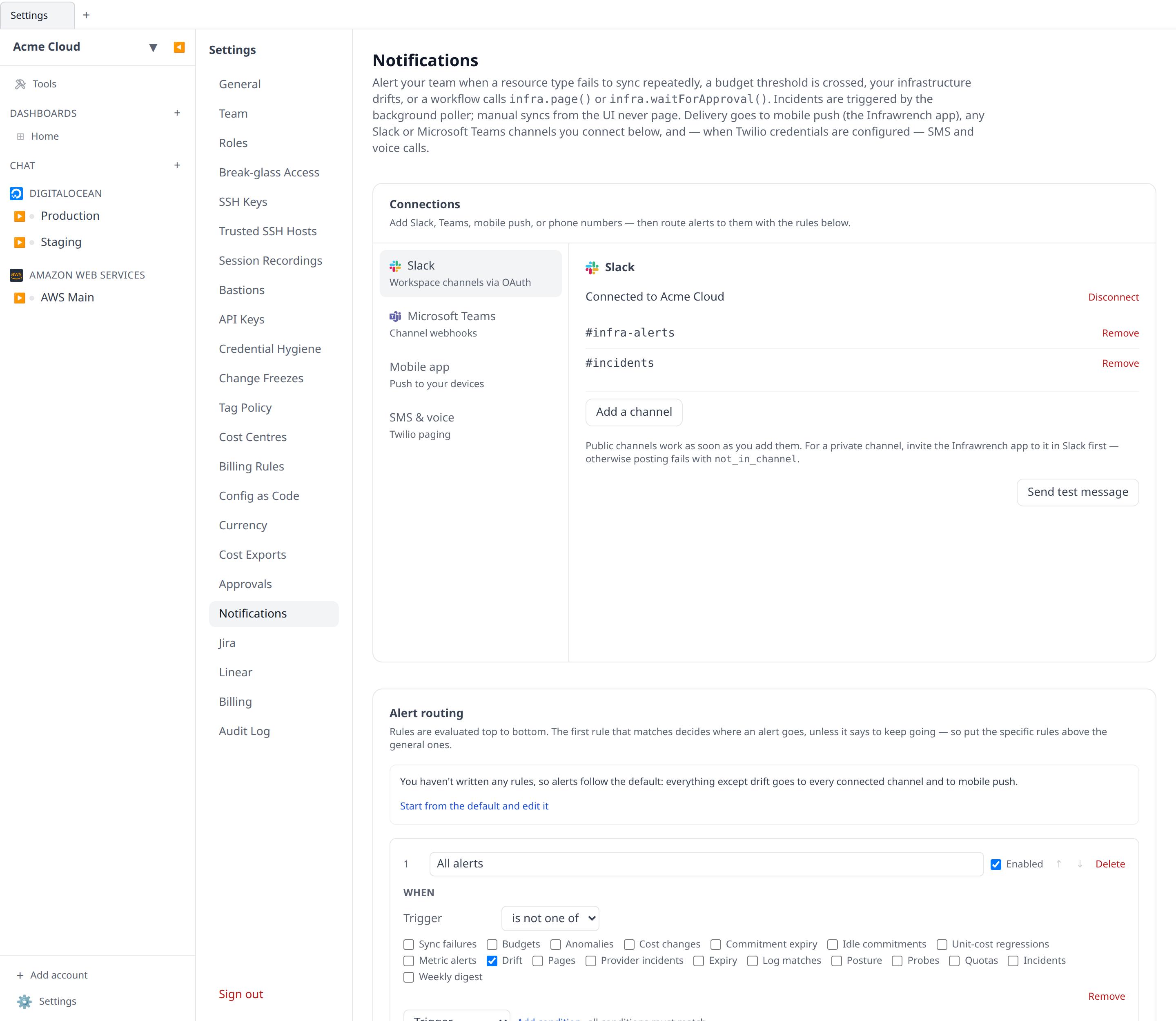 Settings → Notifications Slack section with a workspace connected and two channels listed, above the Alert routing card that decides what reaches them