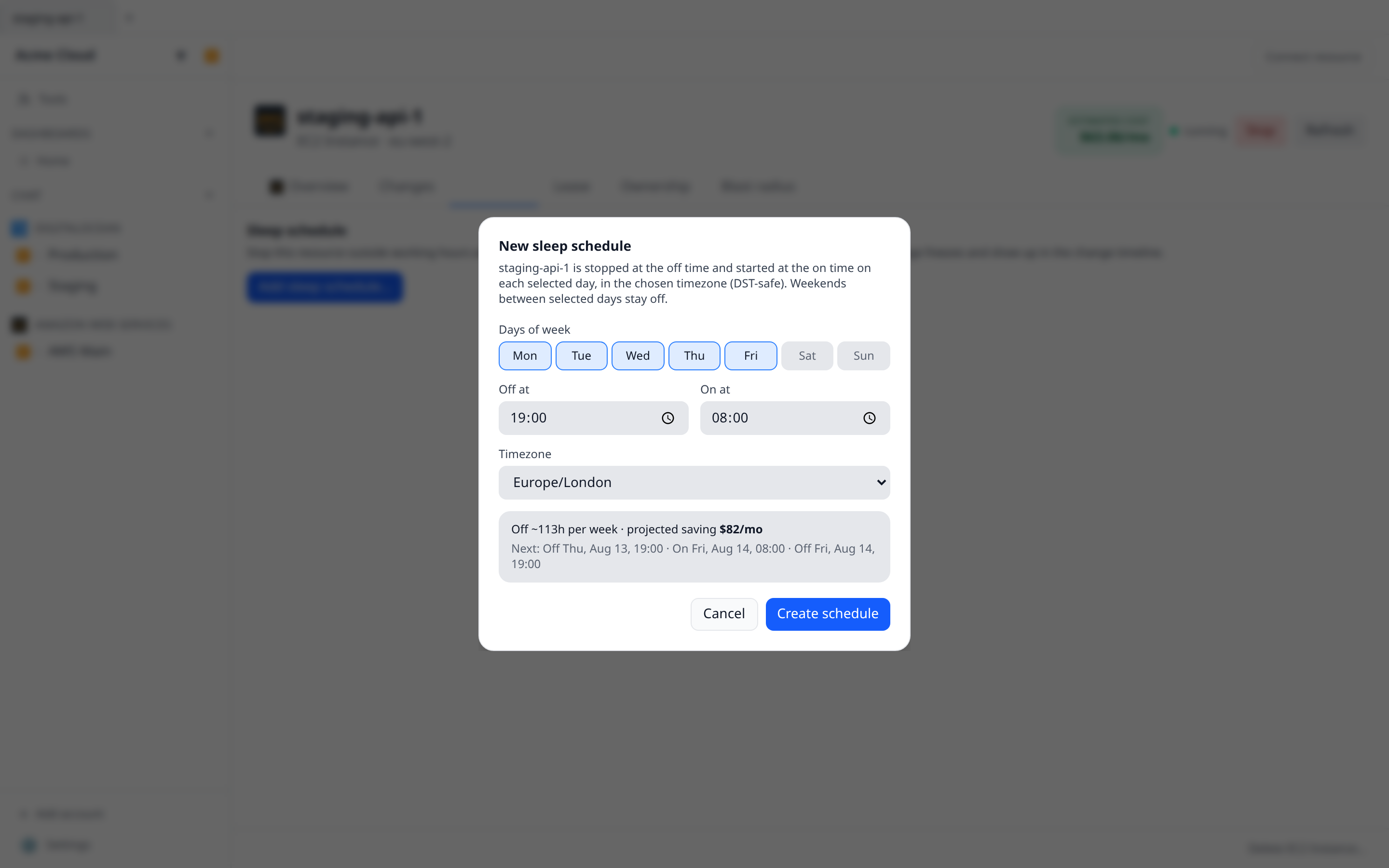 Screenshot of the Schedule tab on an EC2 instance's detail page showing the editor modal with Mon–Fri selected, off 19:00 / on 08:00, Europe/London, and the projected monthly saving quote
