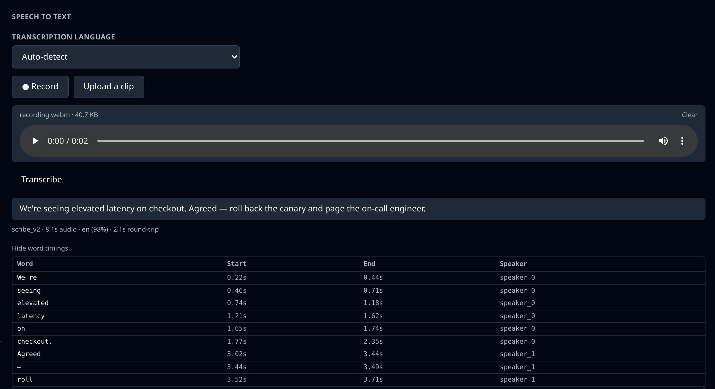 The speech-to-text half after a recording, showing the transcript and the expanded word-timings table with speaker labels