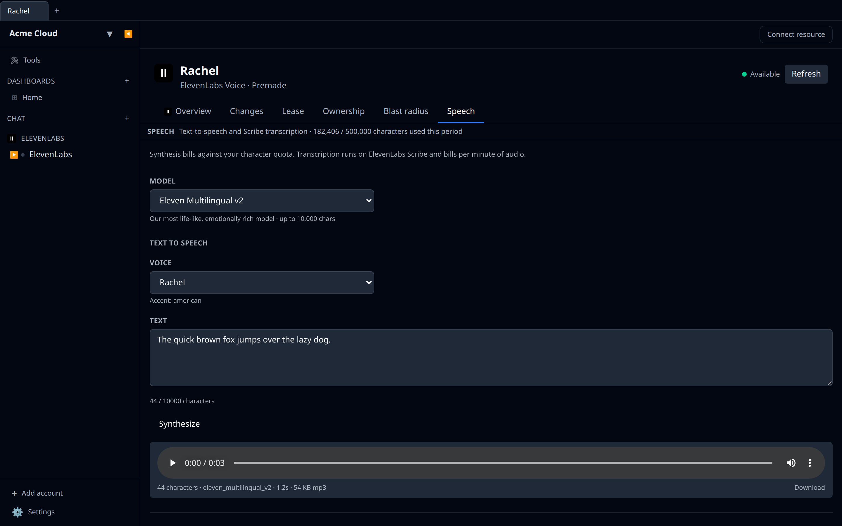 The Speech tab on an ElevenLabs voice, showing the text box, voice picker and an audio player with a synthesized clip