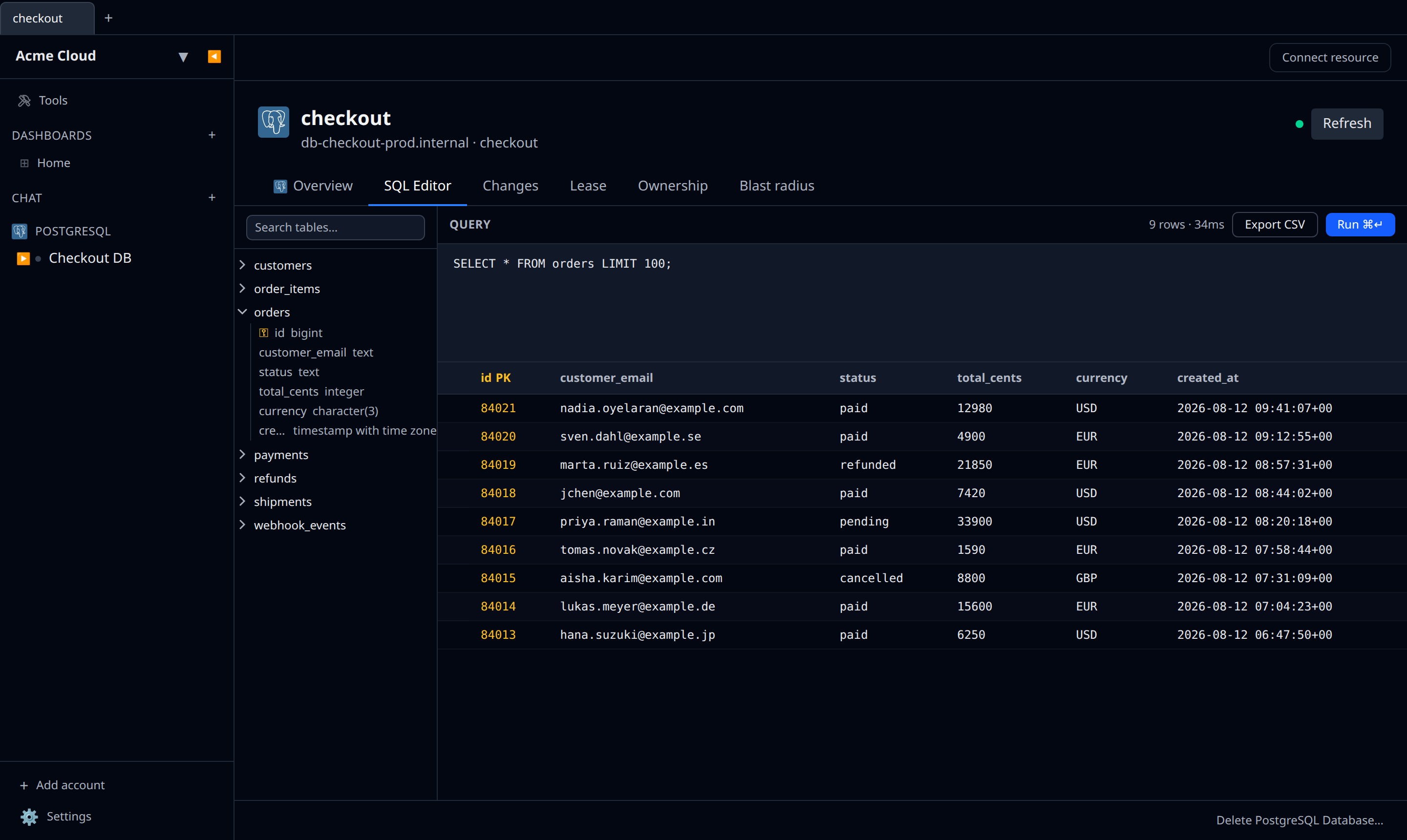 SQL editor with the schema browser expanded and a result table below