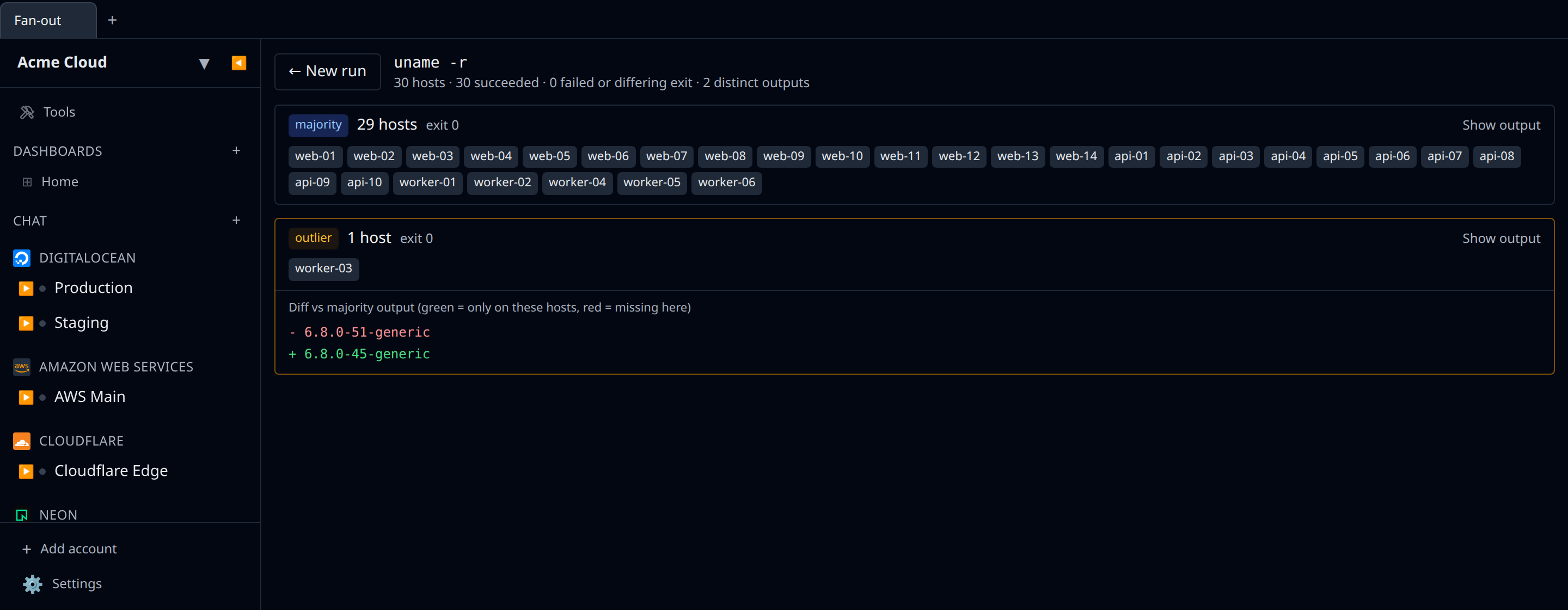 Results view with a majority group of 29 hosts collapsed and one outlier host showing a red/green kernel-version diff