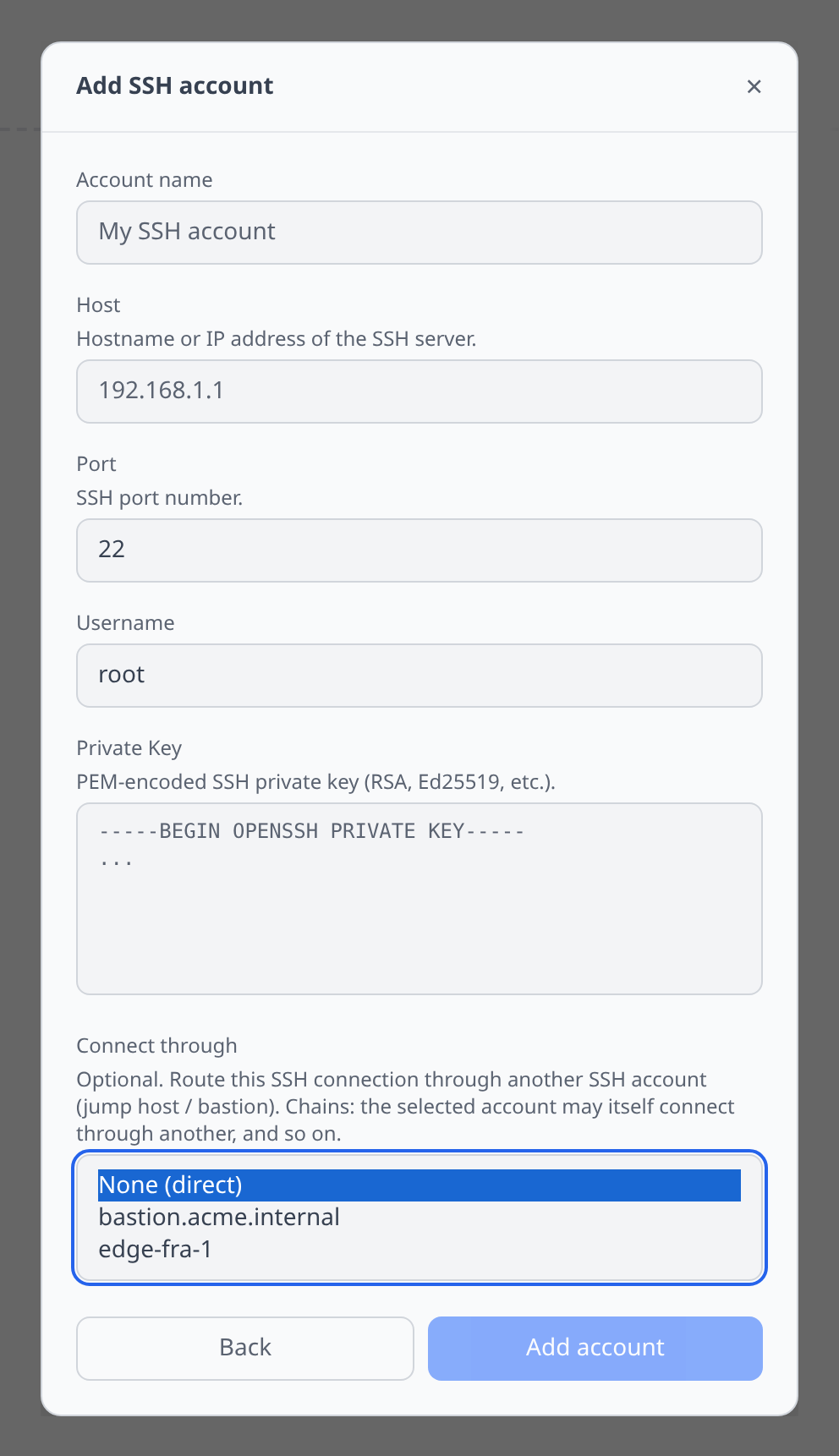 AddAccountModal showing the SSH credential form with the "Connect through" dropdown expanded to show another SSH account