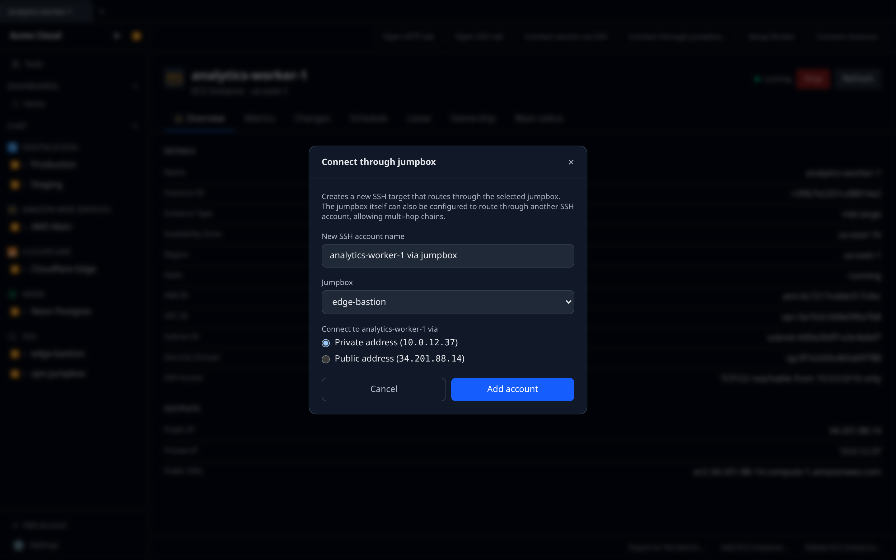 EC2 instance detail page with the "Connect through jumpbox…" button in the action row, and the picker dialog open over it