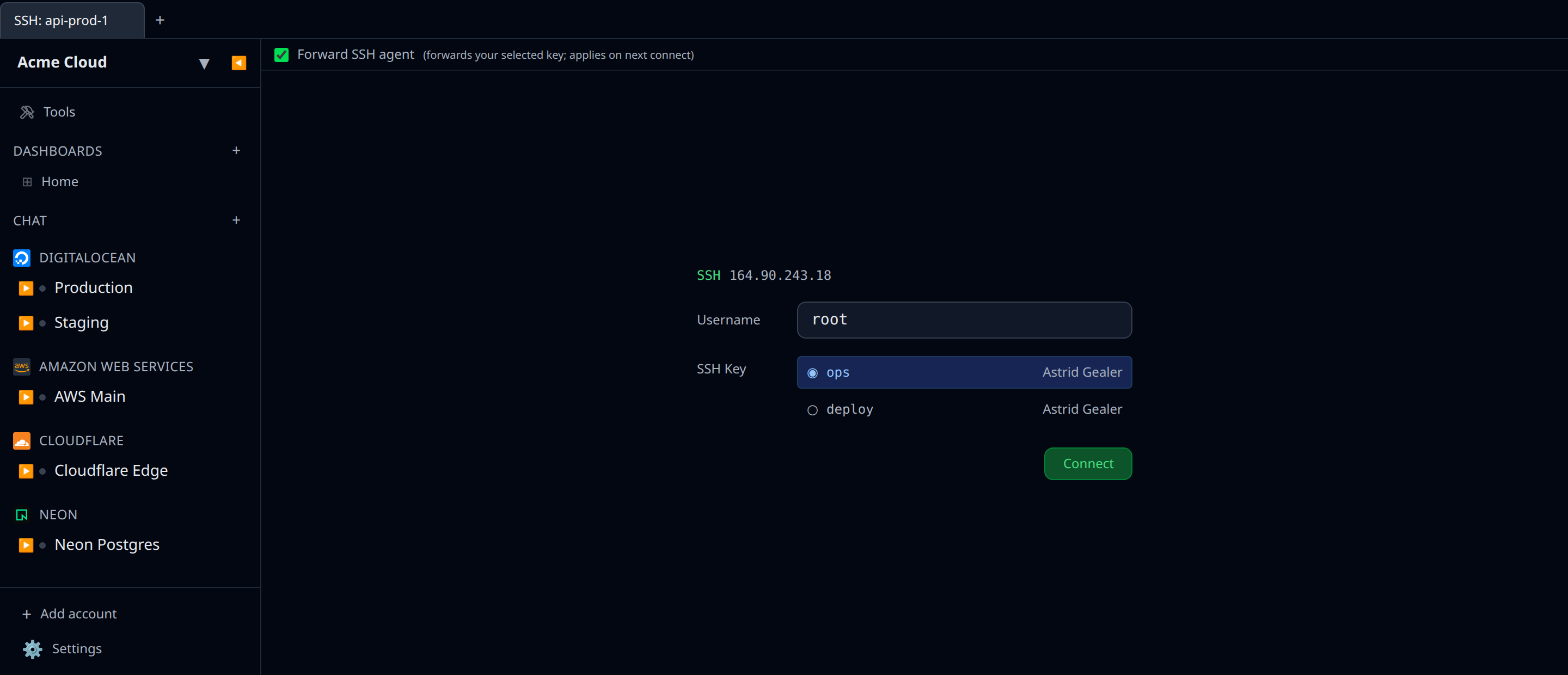 SSH view toolbar showing the "Forward SSH agent" checkbox above the key picker the terminal opens from