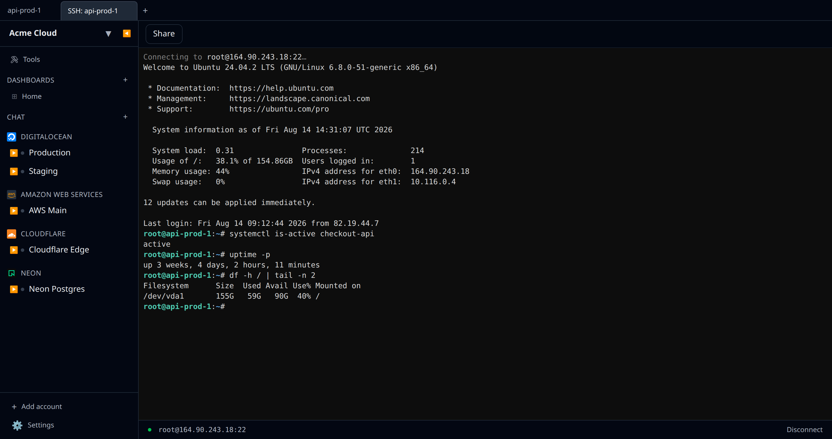 The Droplet's resource tab and its SSH tab side by side in the tab strip, with a live terminal session open on api-prod-1