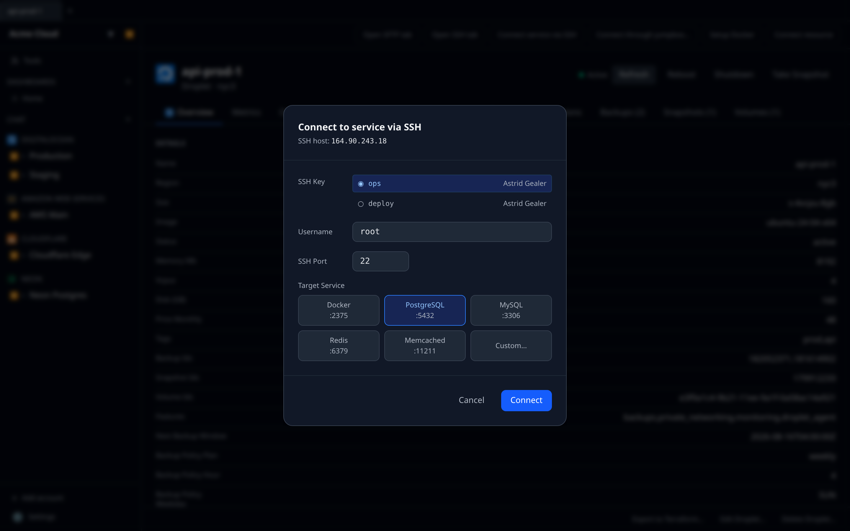 The Connect to service via SSH modal on a bastion's detail page, with the SSH key, username and SSH port fields above the target-service preset grid