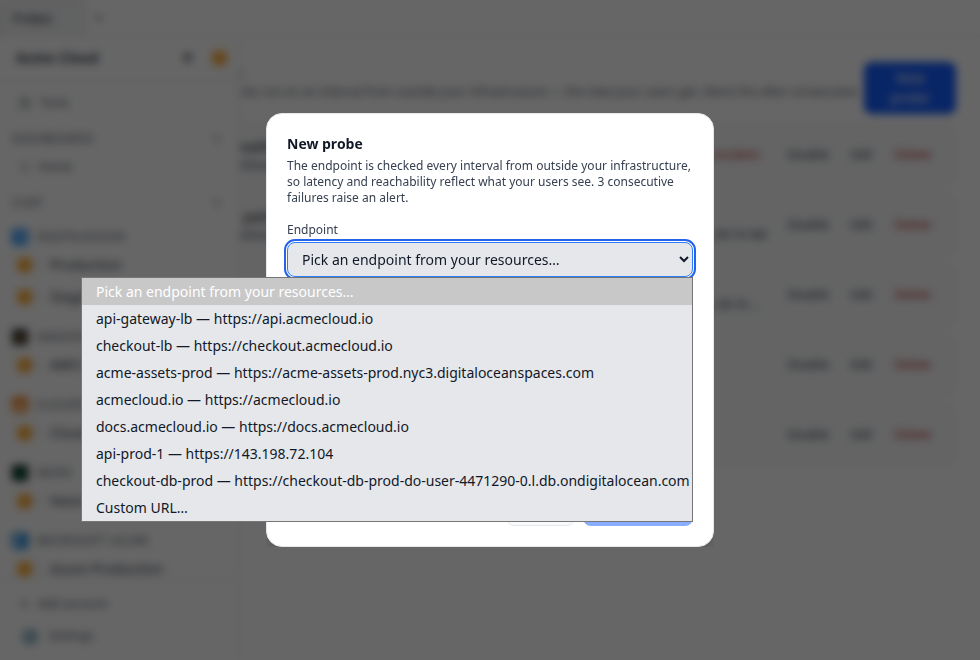 The probe editor modal with the endpoint dropdown open, listing suggested URLs labelled with their resource names, and the Custom URL option at the bottom