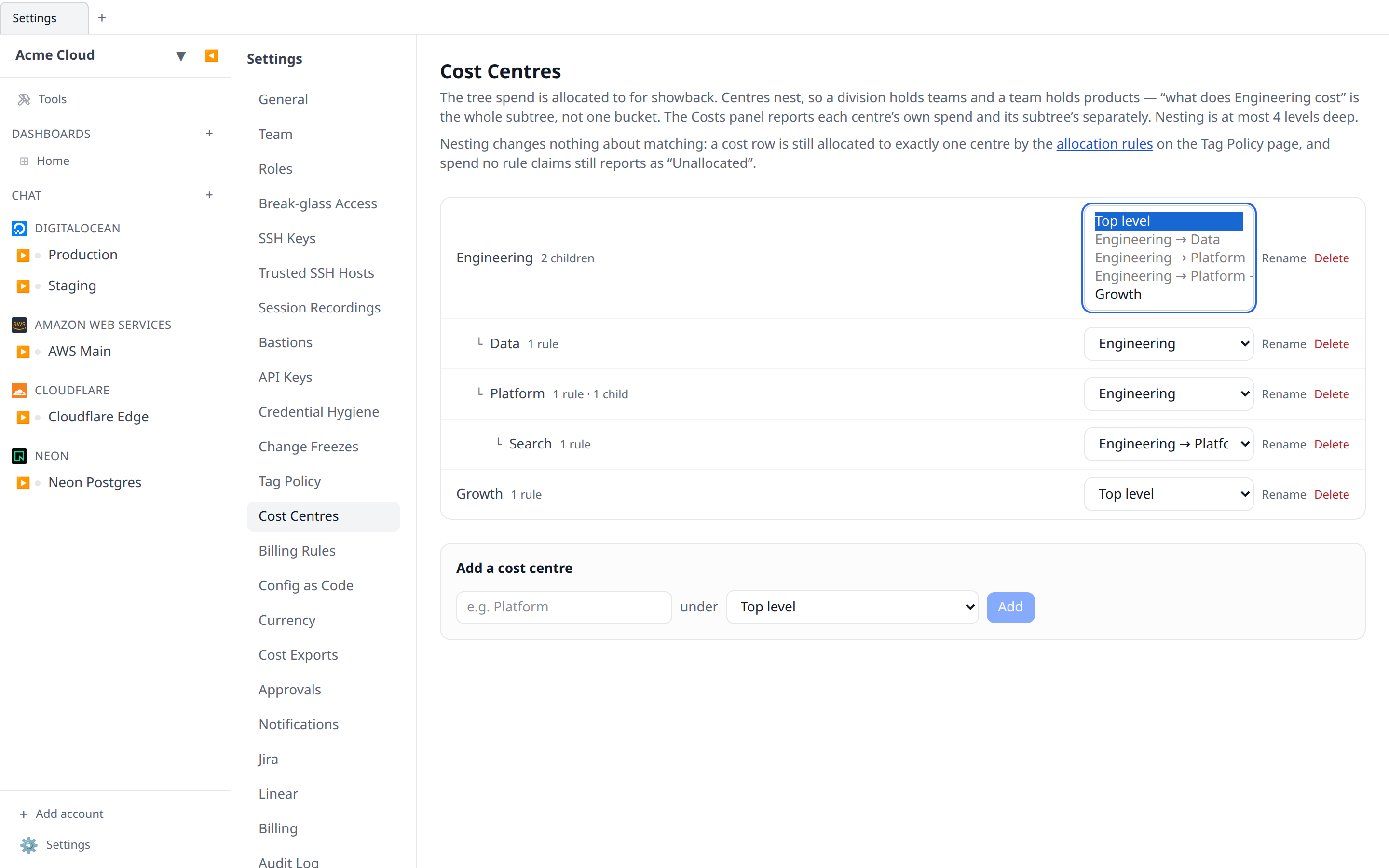 Settings → Cost Centres page showing a three-level tree — Engineering containing Platform and Data, Platform containing Search — with the move dropdown open on one row and the deeper targets greyed out