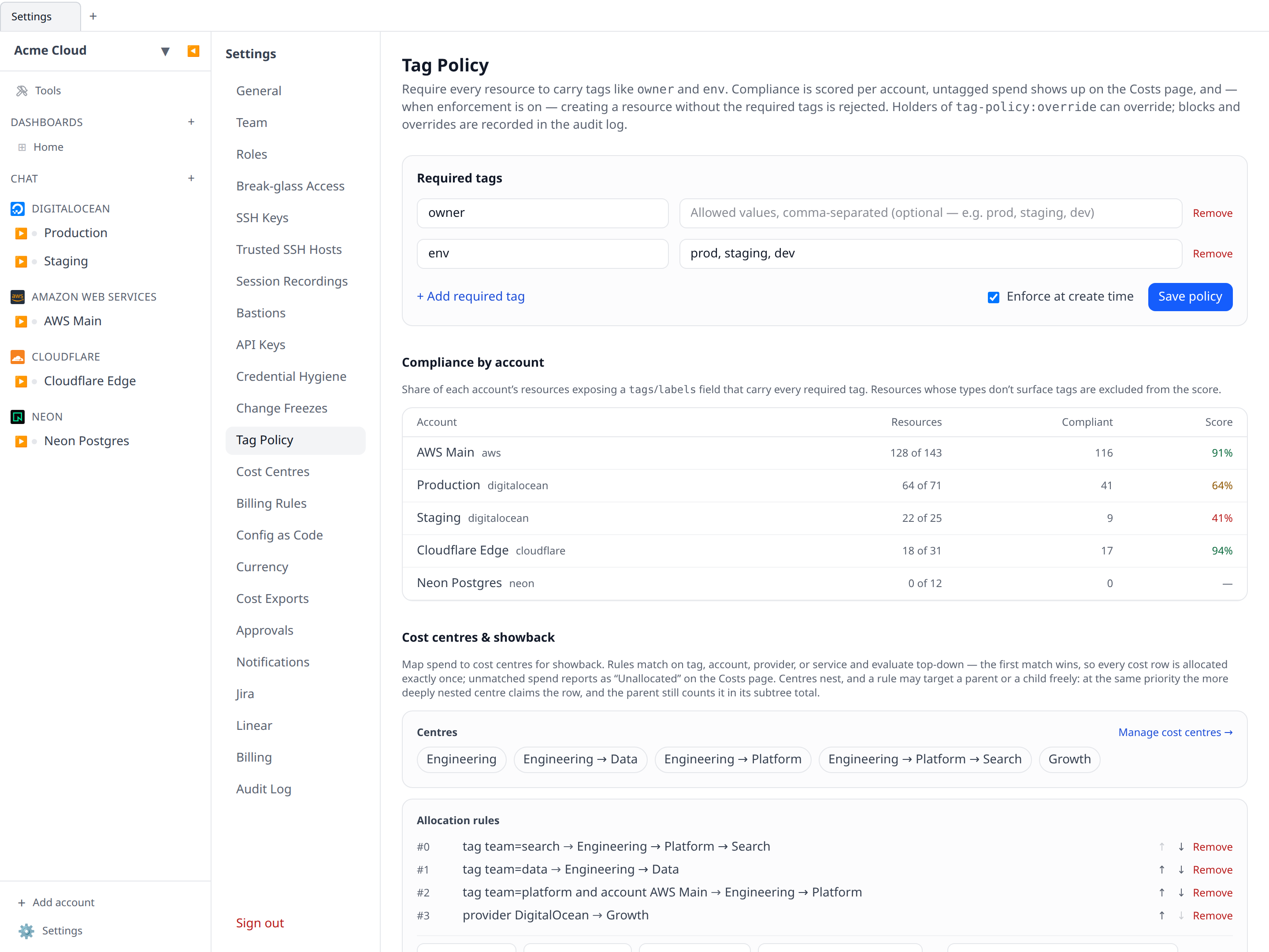 Settings → Tag Policy page with two required tags (owner with no allowed values, env with prod/staging/dev), the "Enforce at create time" checkbox ticked, and the per-account compliance table below