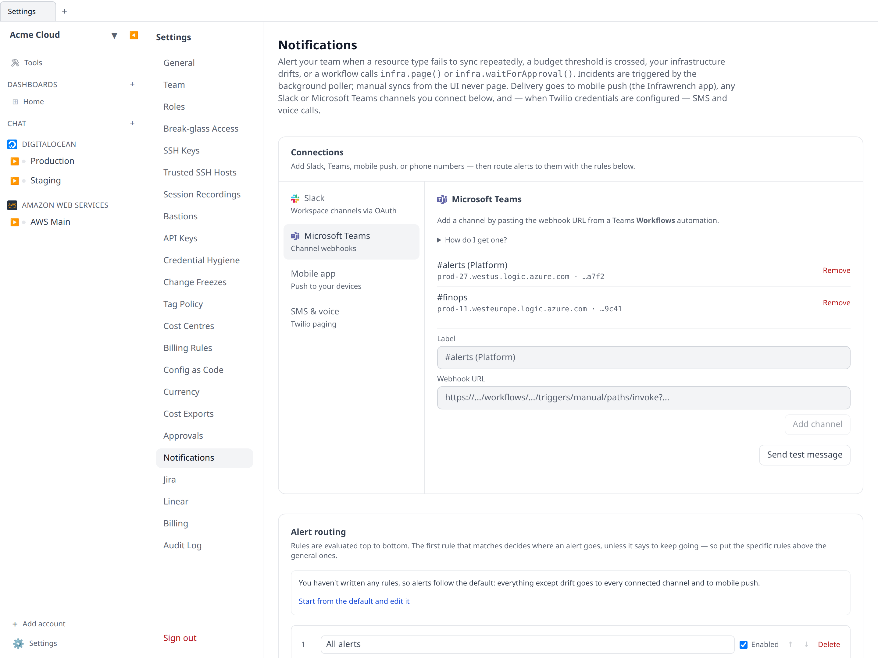 Settings → Notifications Microsoft Teams section with two channels listed, each showing its label and webhook hint, and the note pointing at alert routing rules for what each channel receives
