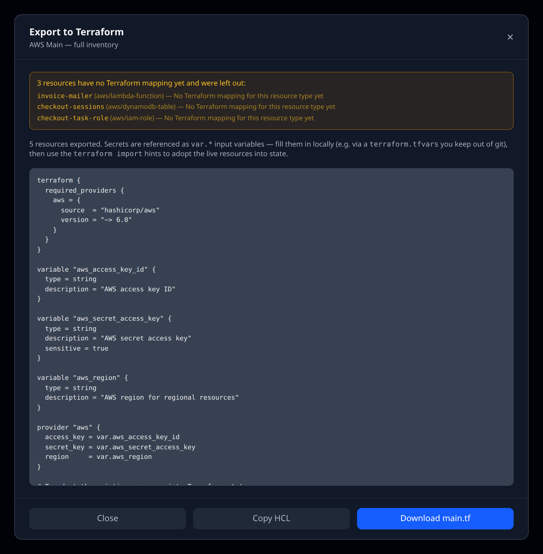 Account page export modal for a mixed account showing the amber "resources have no Terraform mapping yet" panel above the generated HCL