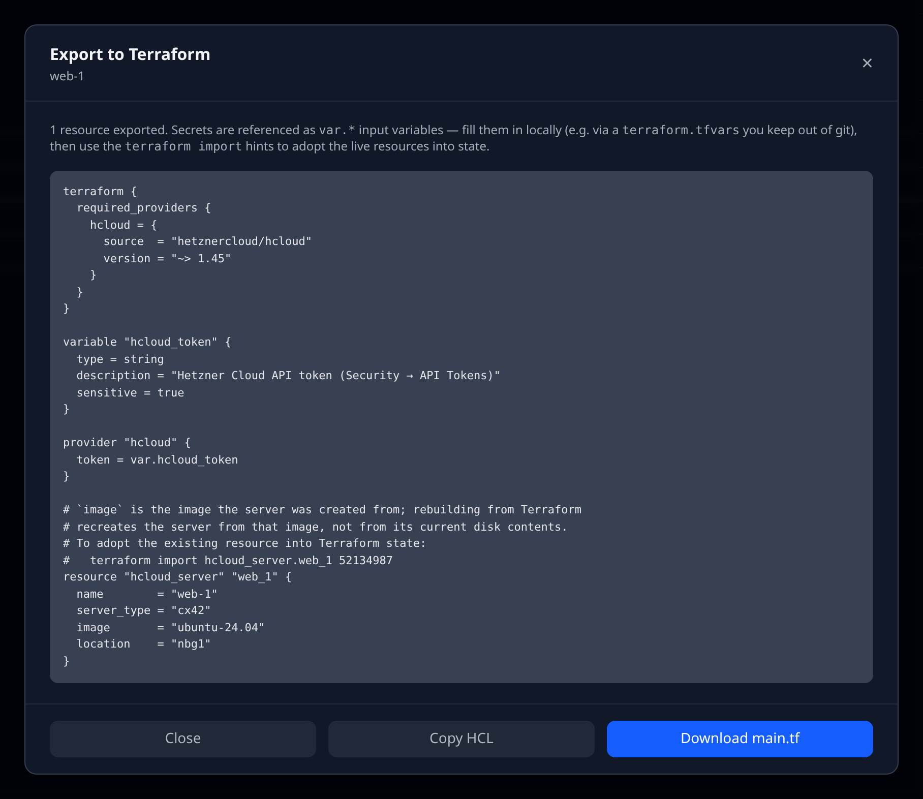 Export to Terraform modal on a Hetzner server showing the generated HCL, the resource count line, and the Copy HCL / Download main.tf buttons
