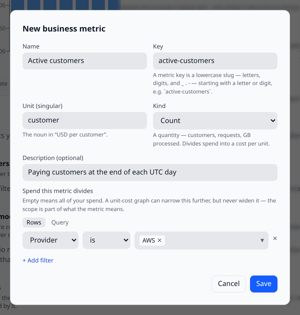 New business metric modal with name, key, unit, kind and the cost scope filter editor visible