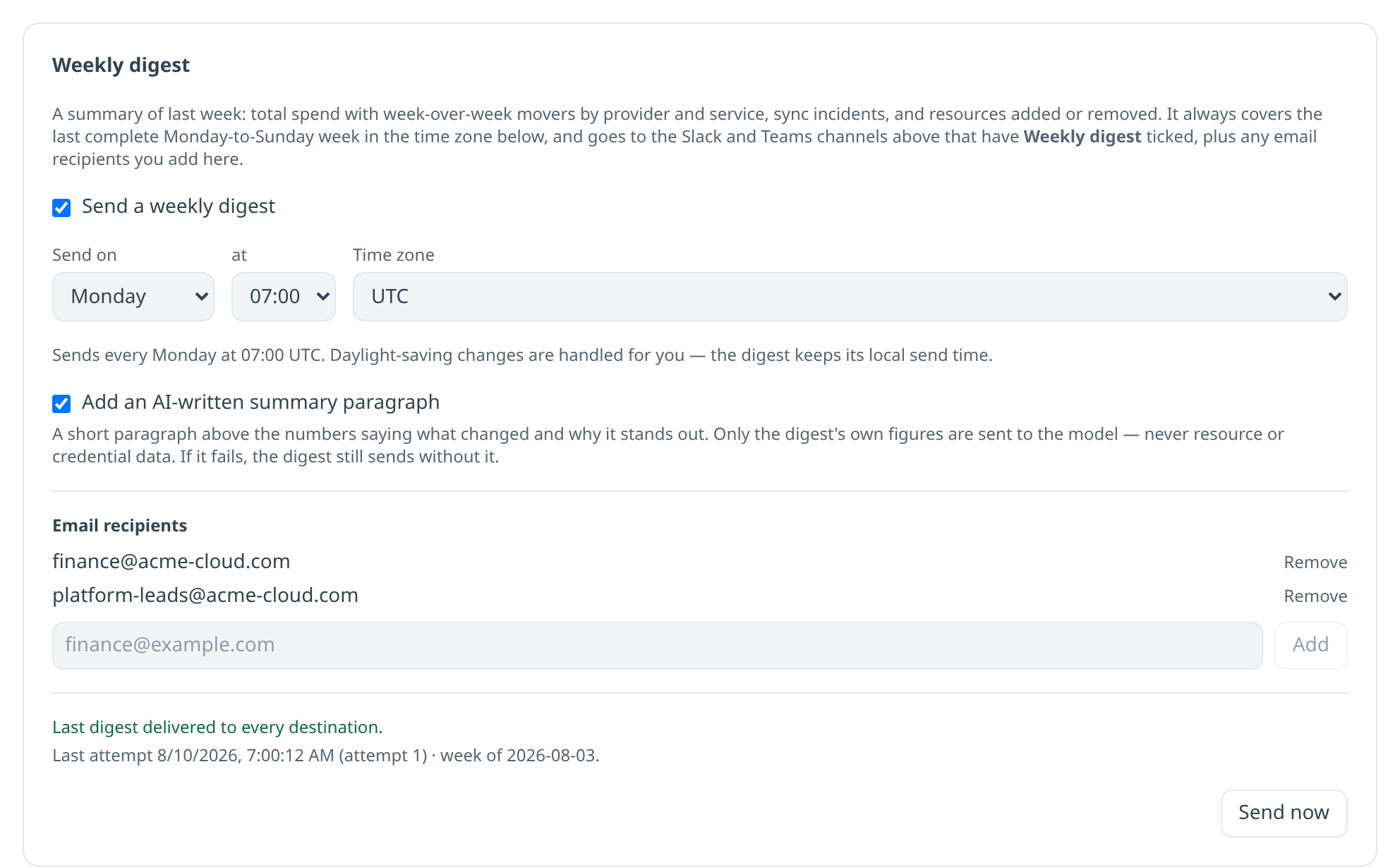 Settings → Notifications page showing the Weekly digest section: the enable checkbox ticked, the send day / hour / time zone controls, the AI summary checkbox, the email recipient list, and the last-attempt status line